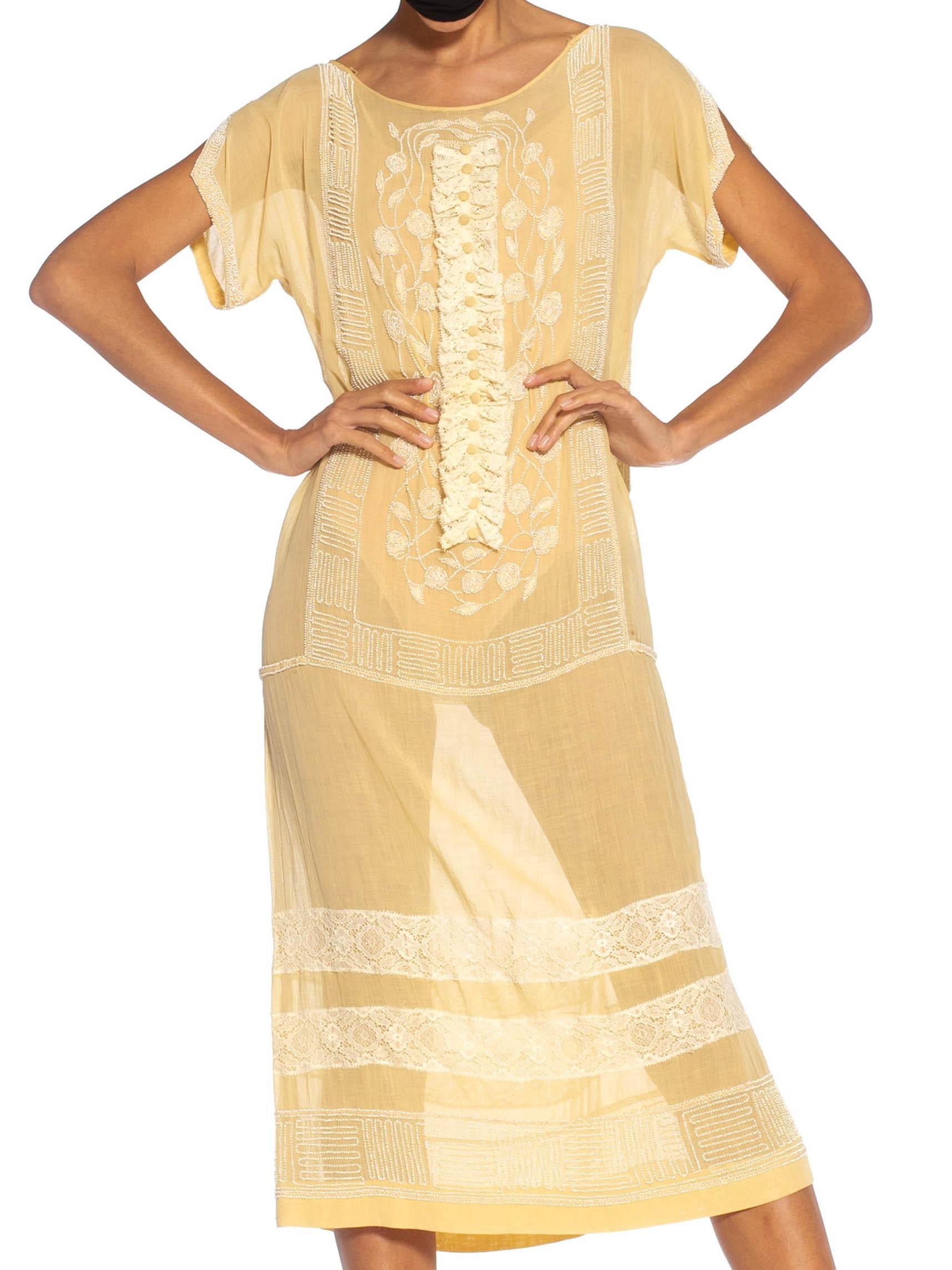 1920S  Pale Yellow Cotton Voile Beaded & Embroidered Gatsby Picnic Dress 4