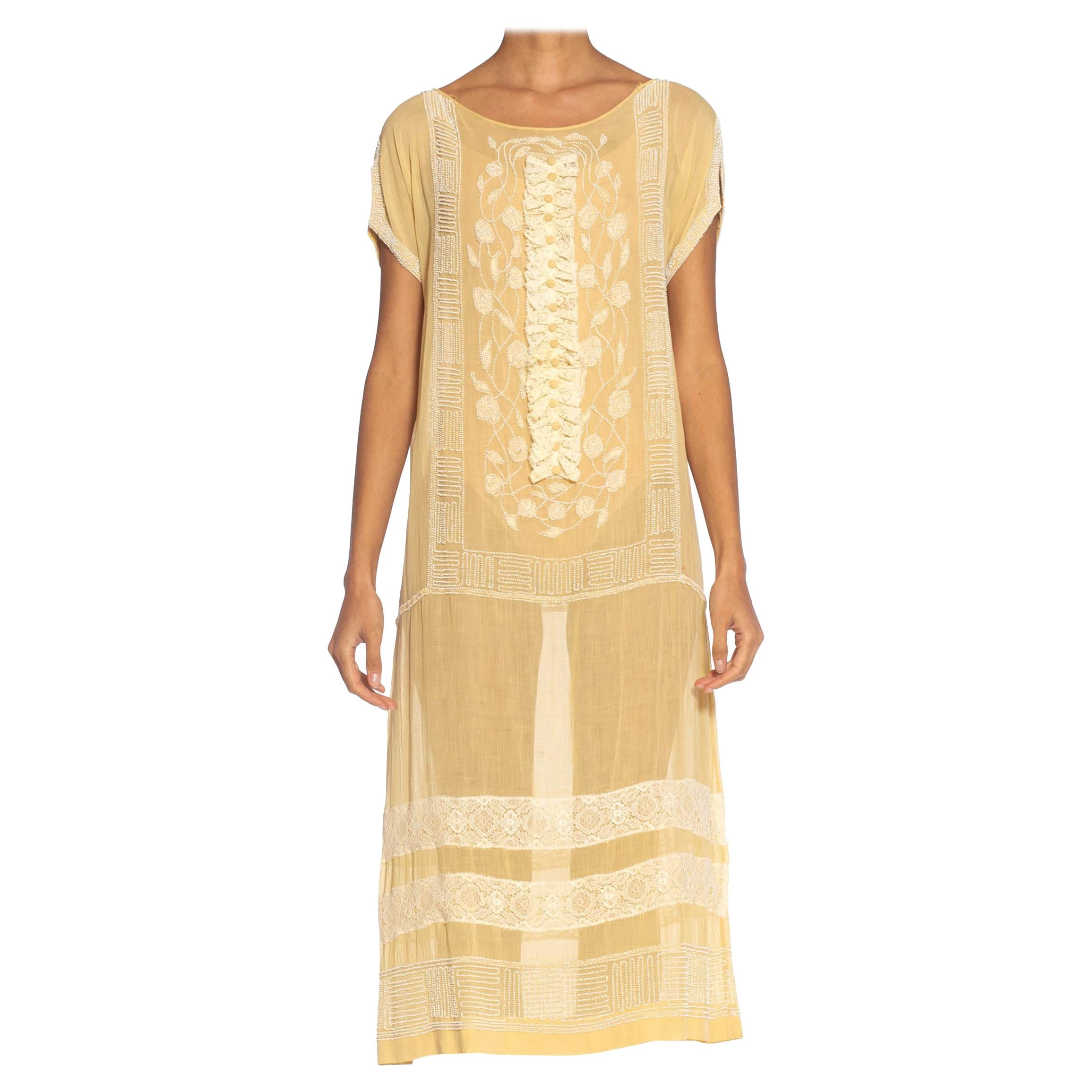 1920S  Pale Yellow Cotton Voile Beaded & Embroidered Gatsby Picnic Dress
