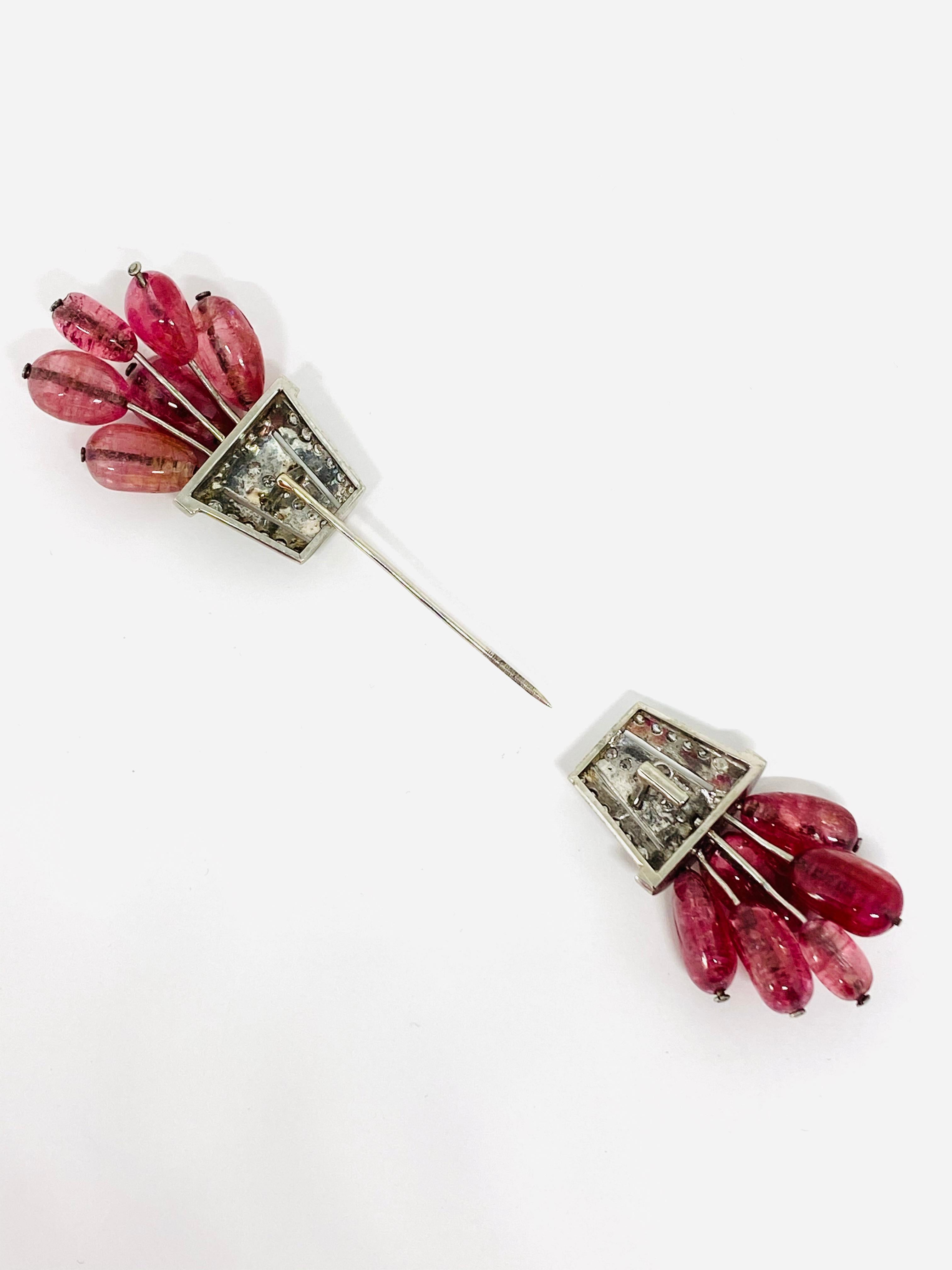 1920s Palladium Diamond and Pink Tourmaline Jabot Pin Brooch  5