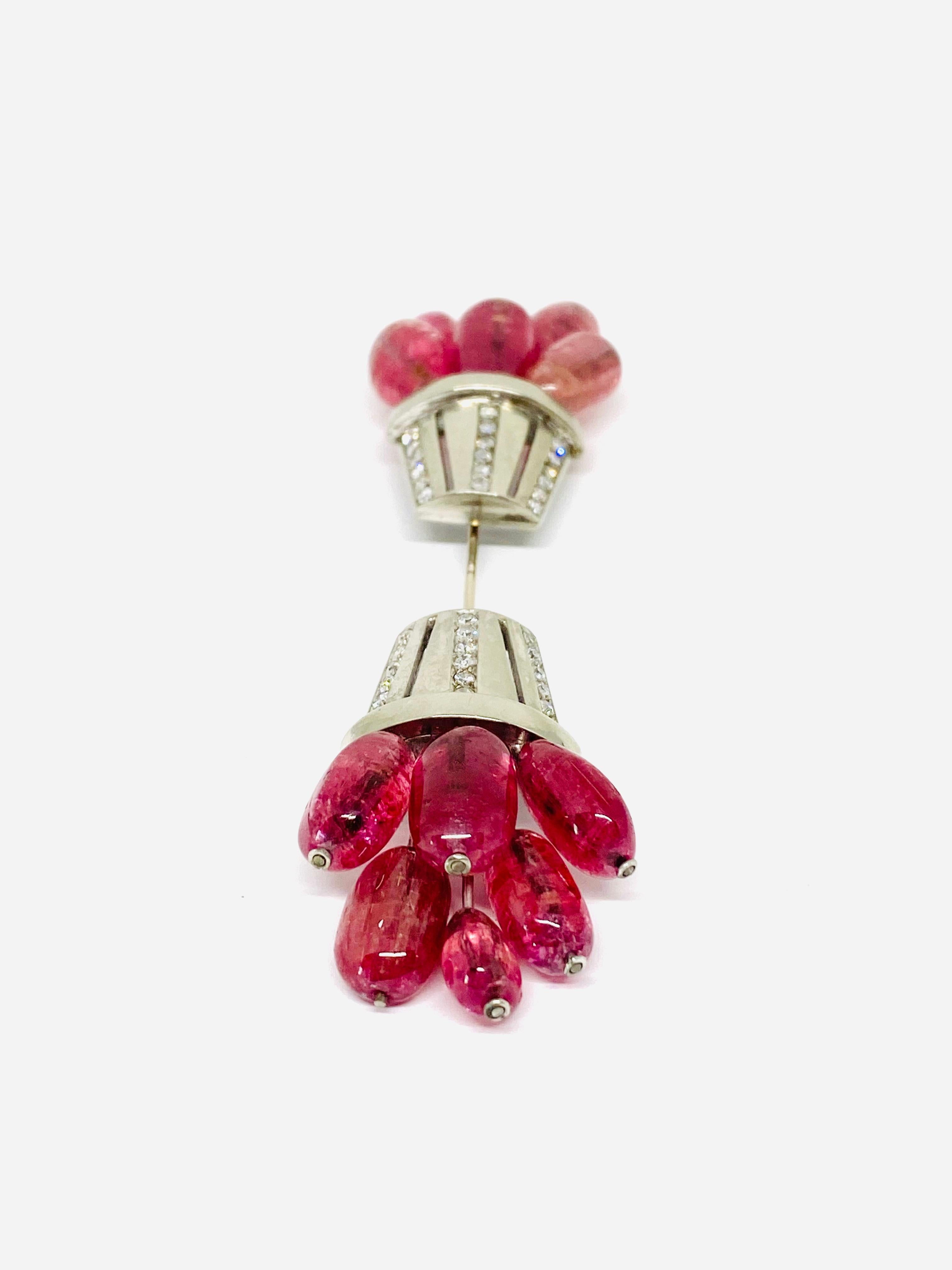 1920s Palladium Diamond and Pink Tourmaline Jabot Pin Brooch  1