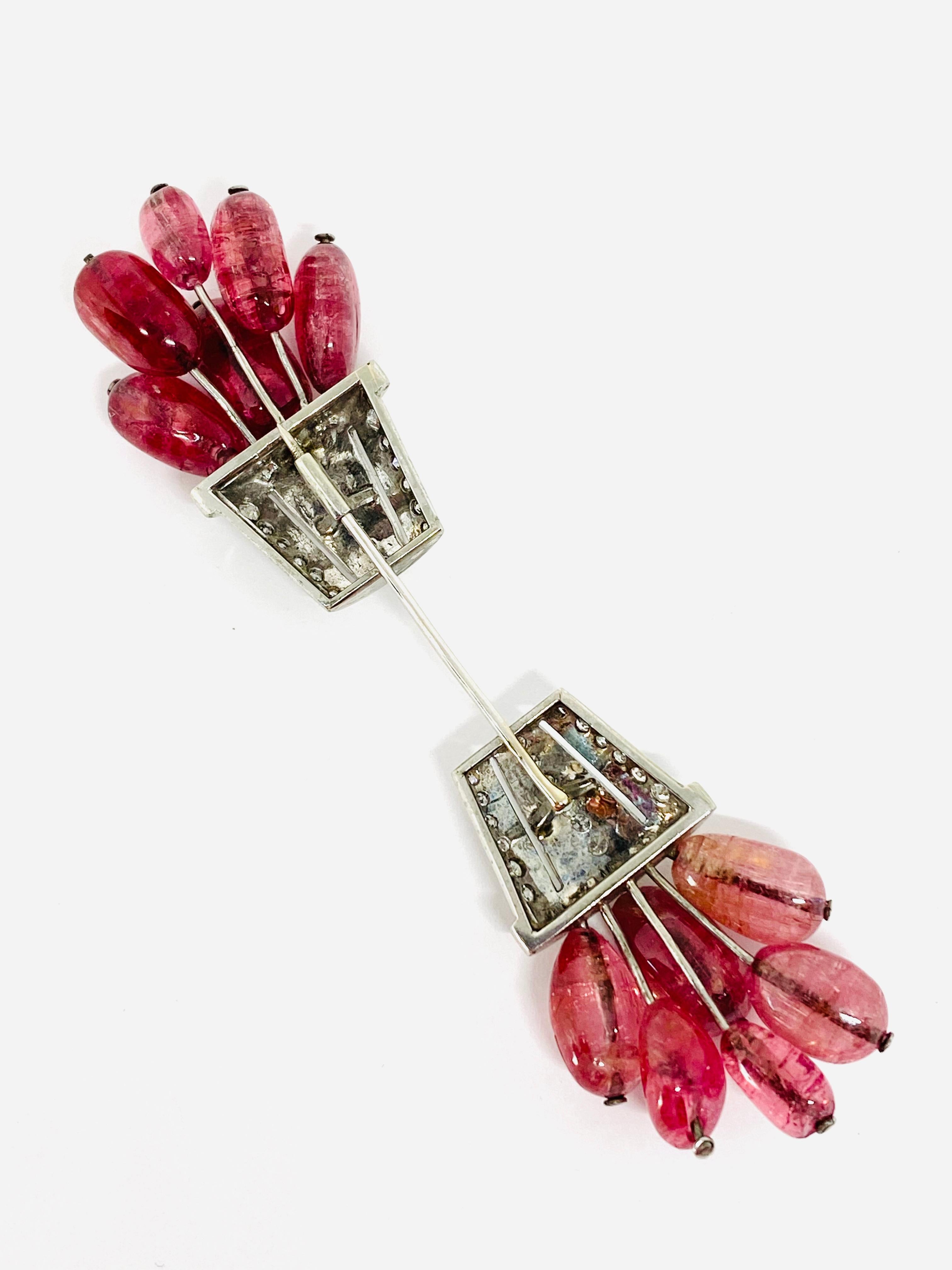 1920s Palladium Diamond and Pink Tourmaline Jabot Pin Brooch  3