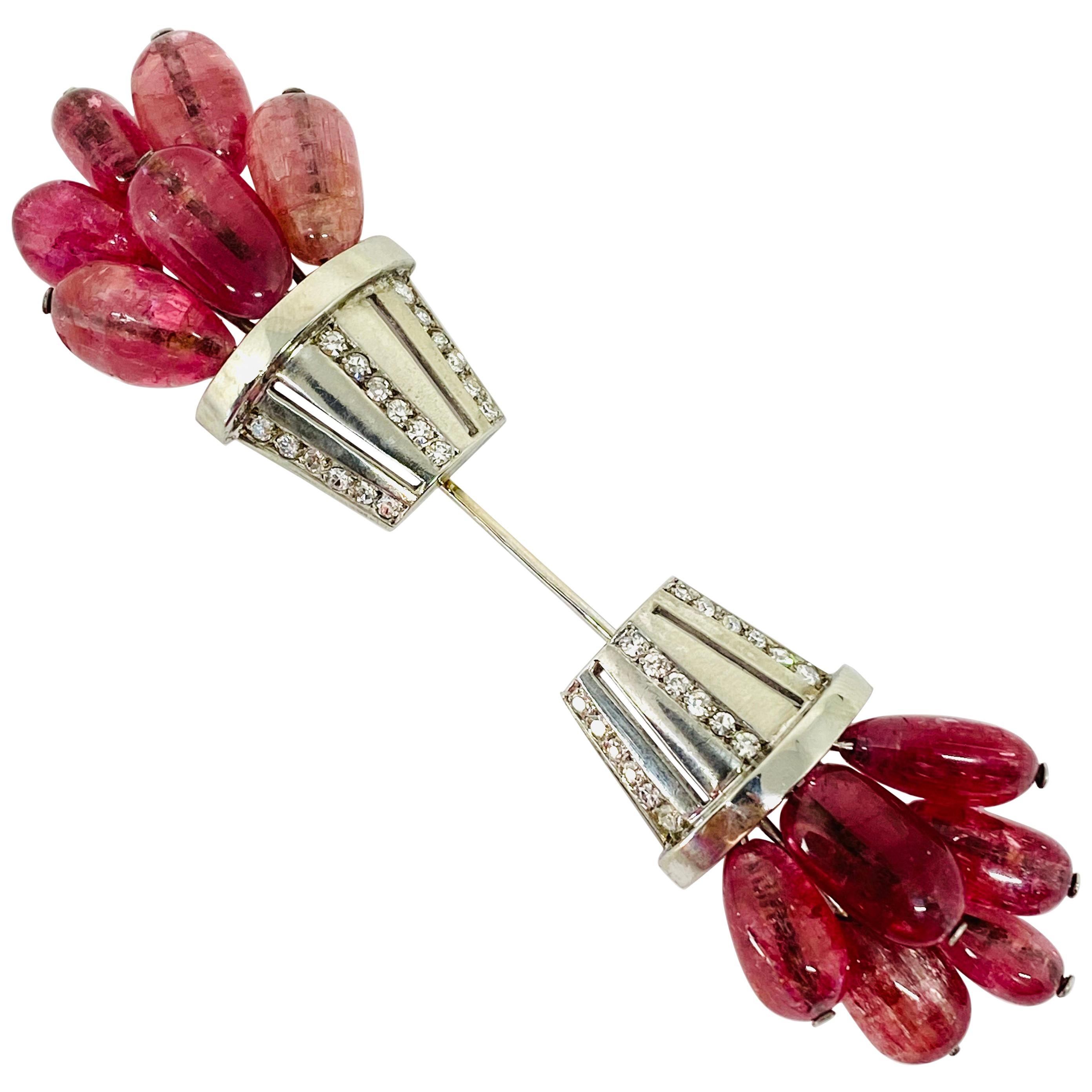 1920s Palladium Diamond and Pink Tourmaline Jabot Pin Brooch 