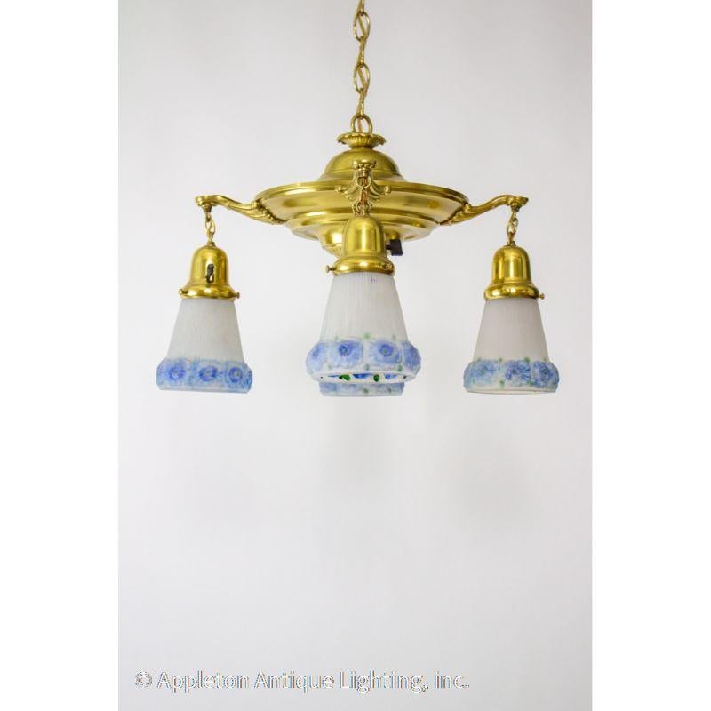 American 1920s Pan Light with Blue Floral Glass For Sale