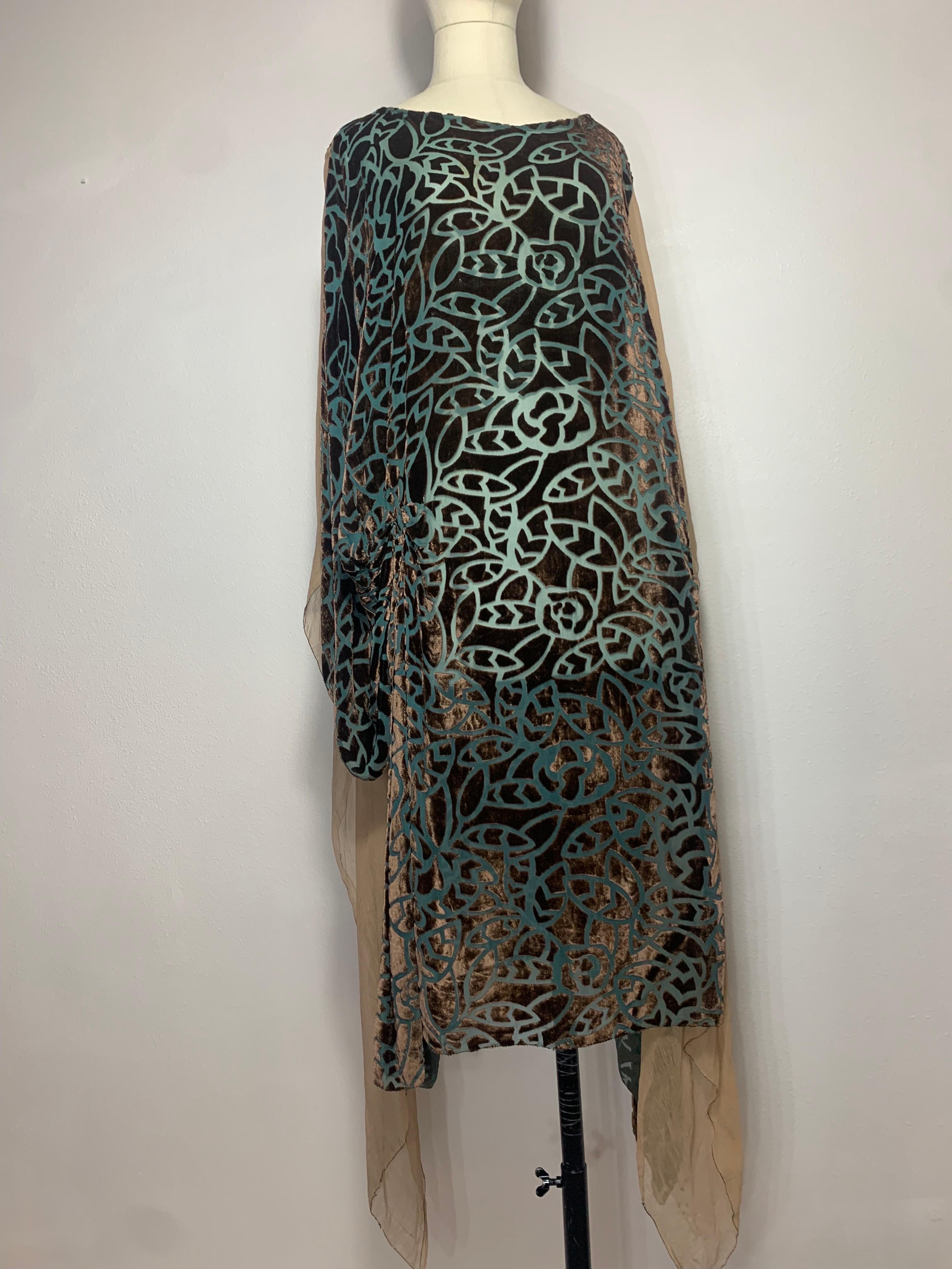 1920s Patina Green & Taupe Devore Velvet Art Deco Tunic w Stylized Leaf Pattern For Sale 8