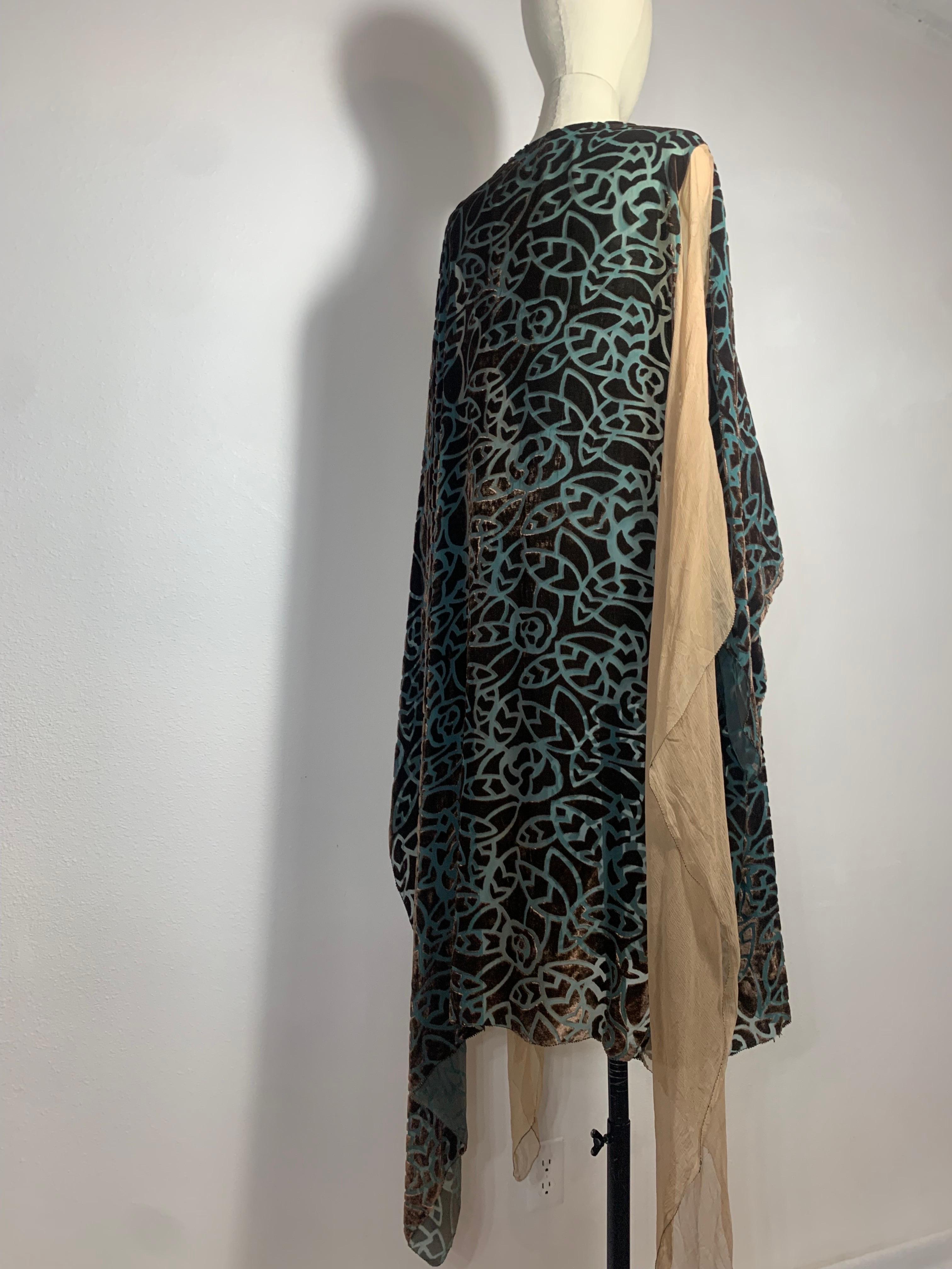 1920s Patina Green & Taupe Devore Velvet Art Deco Tunic w Stylized Leaf Pattern For Sale 9
