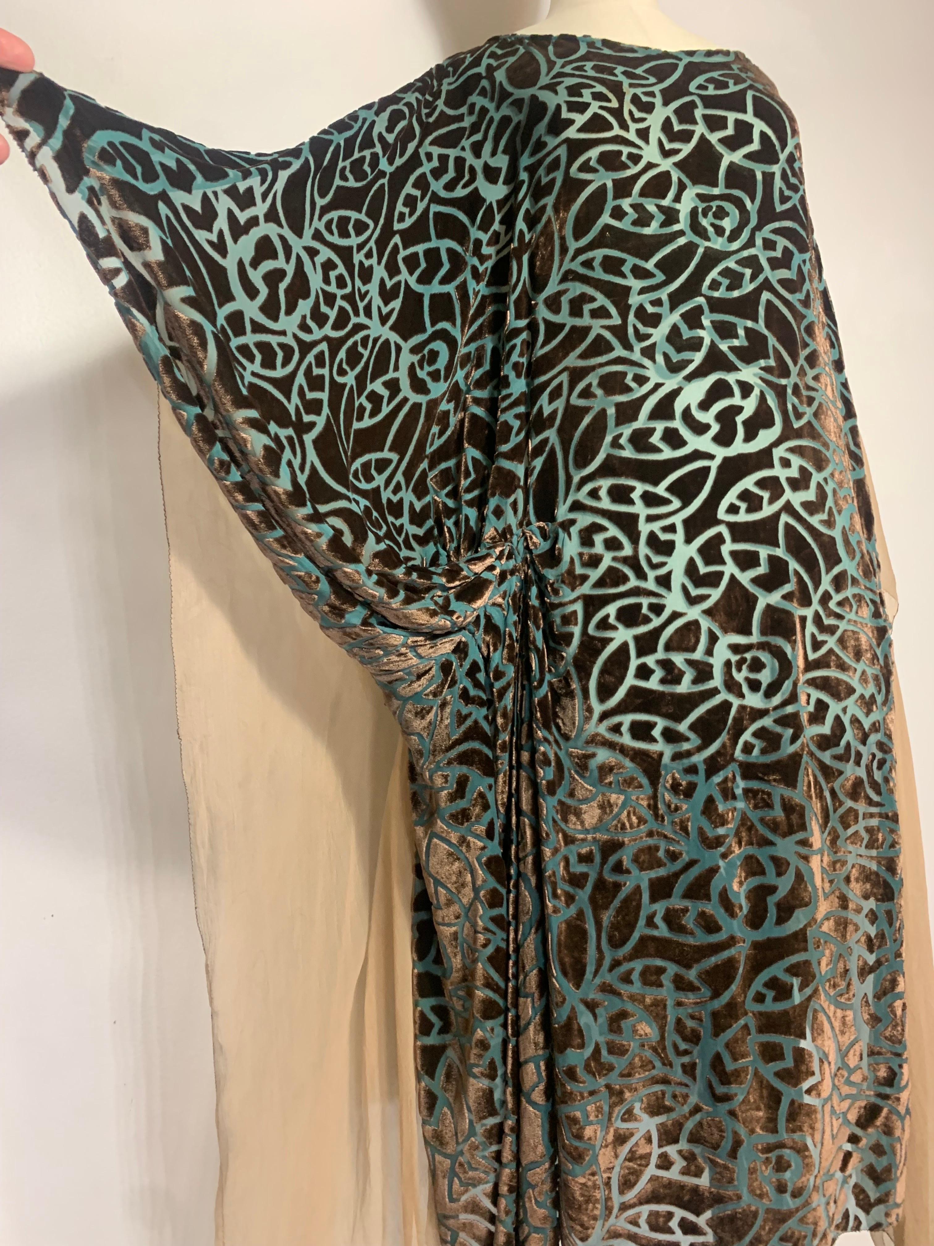 1920s Patina Green & Taupe Devore Velvet Art Deco Tunic w Stylized Leaf Pattern For Sale 13
