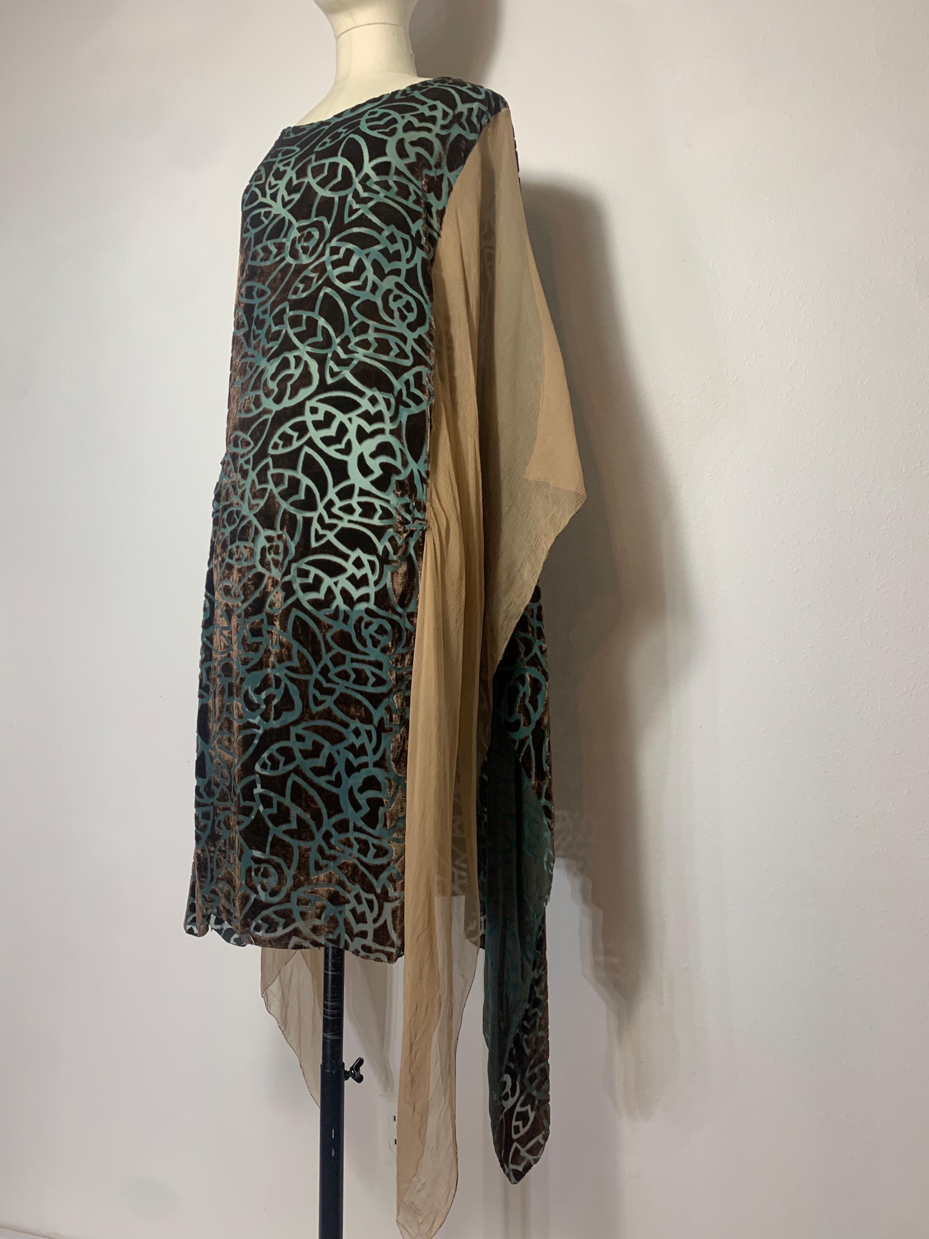 1920s Patina Green & Taupe Devore Velvet Art Deco Tunic w Stylized Leaf Pattern For Sale 14