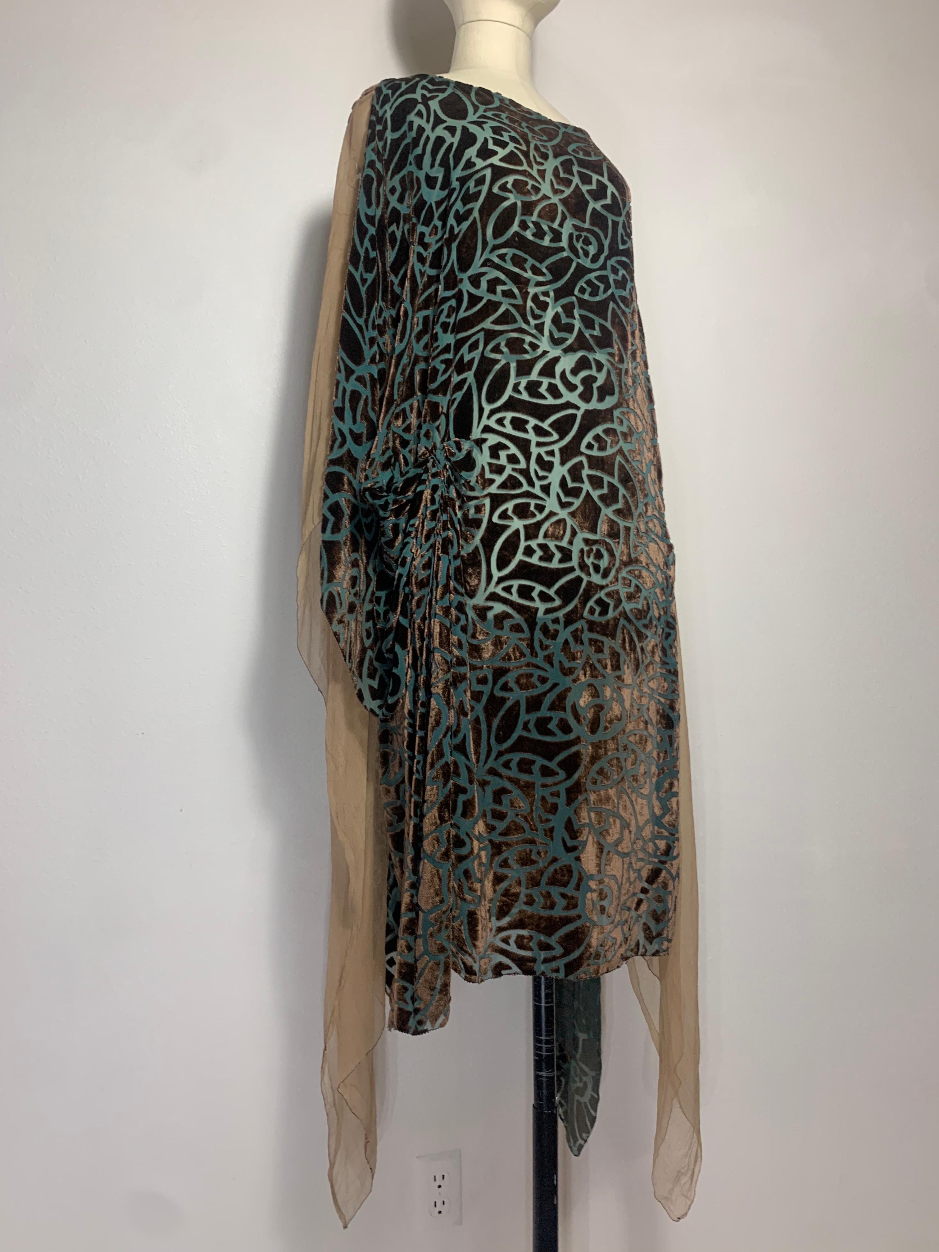1920s Patina Green & Taupe Devore Velvet Art Deco Tunic w Stylized Leaf Pattern For Sale 15