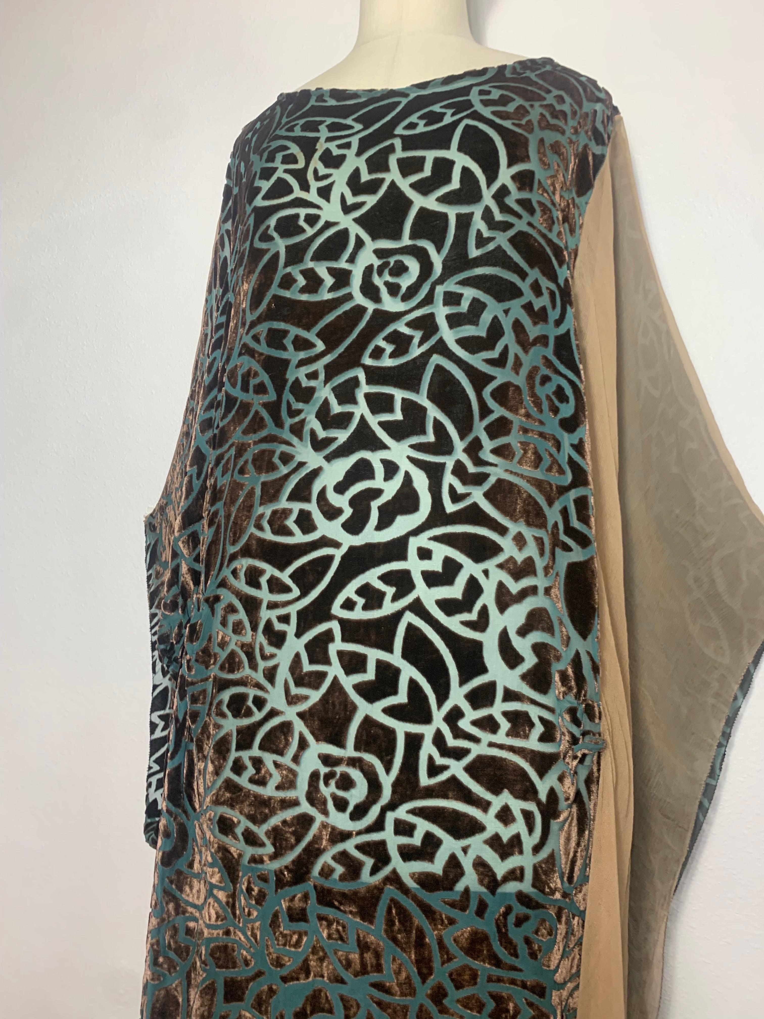 1920s Patina Grün & Taupe Devore Samt Art Deco Tunika w stilisierte Blatt-Muster (Schwarz) im Angebot
