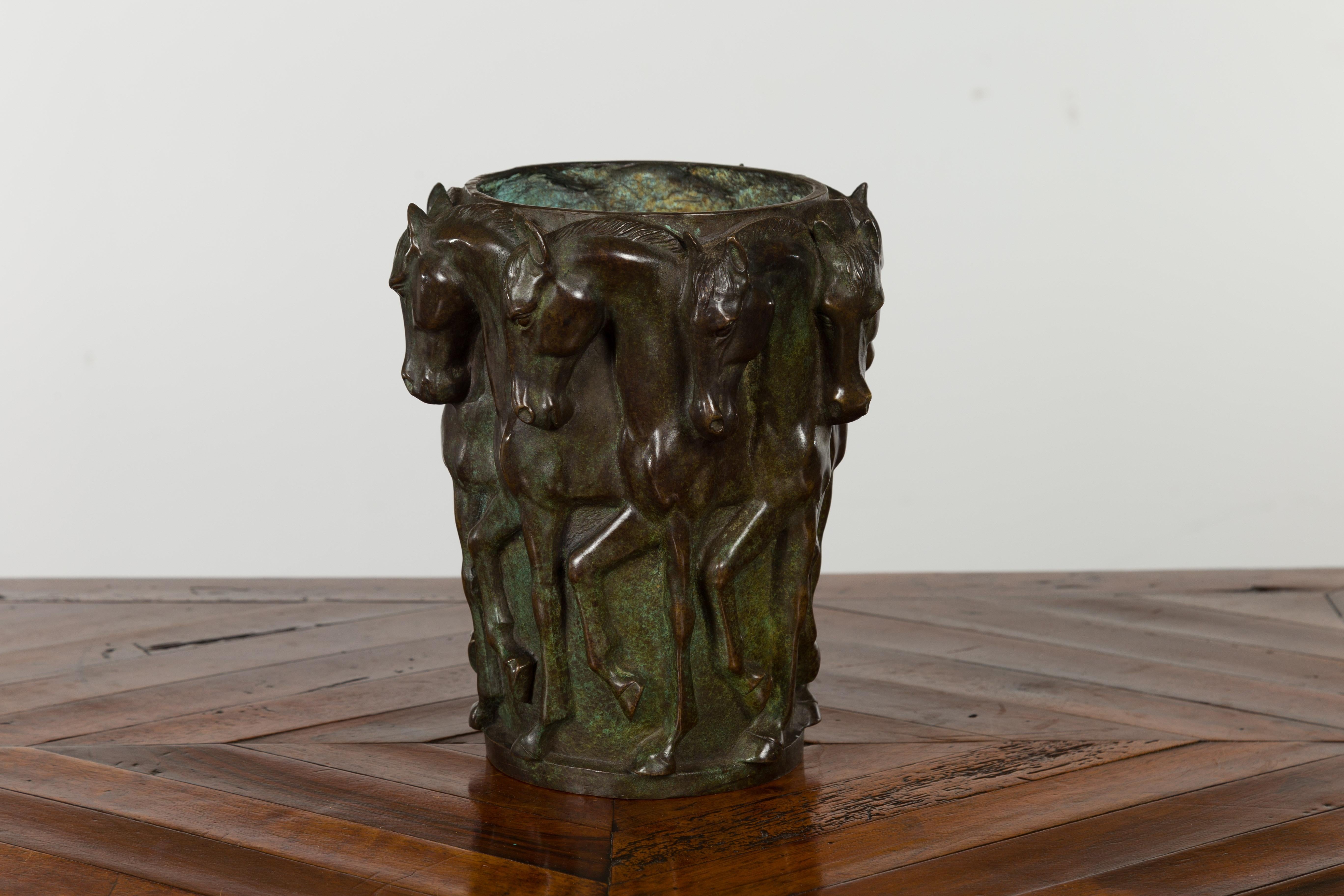 1920s Patinated Bronze Vase with Frieze of Passing Horses Cast in High Relief 6