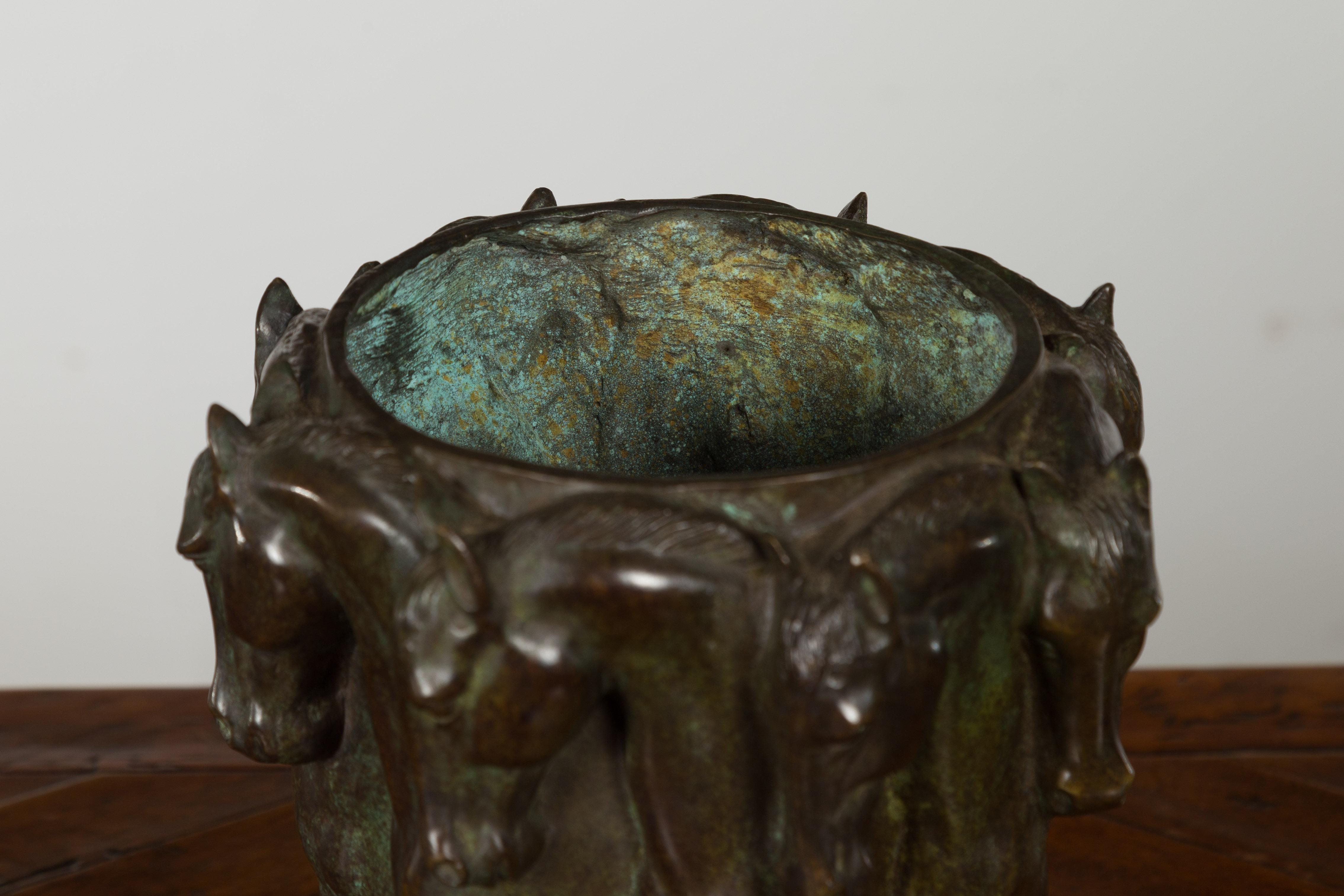 1920s Patinated Bronze Vase with Frieze of Passing Horses Cast in High Relief 7