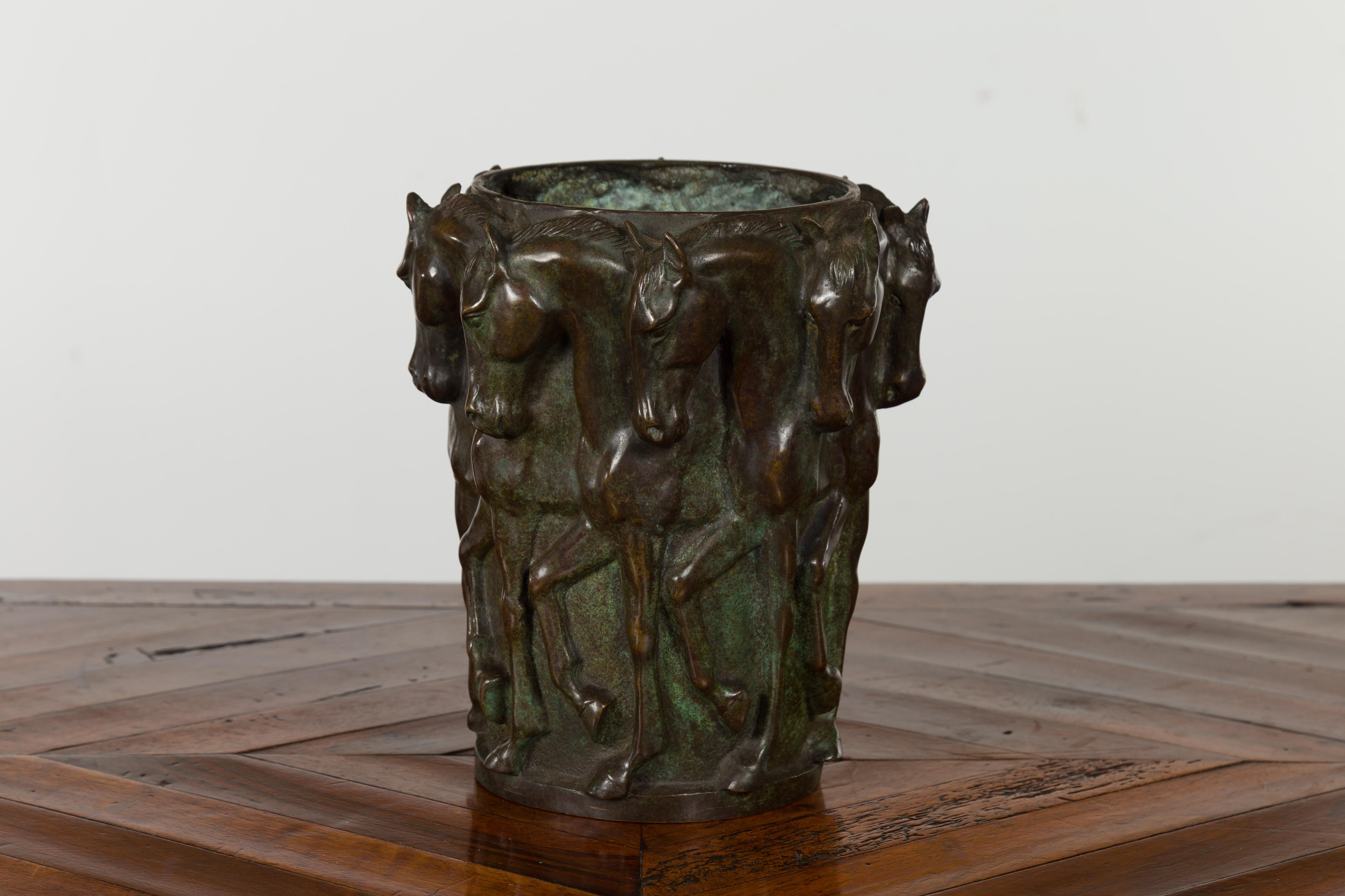 1920s Patinated Bronze Vase with Frieze of Passing Horses Cast in High Relief In Good Condition In Atlanta, GA