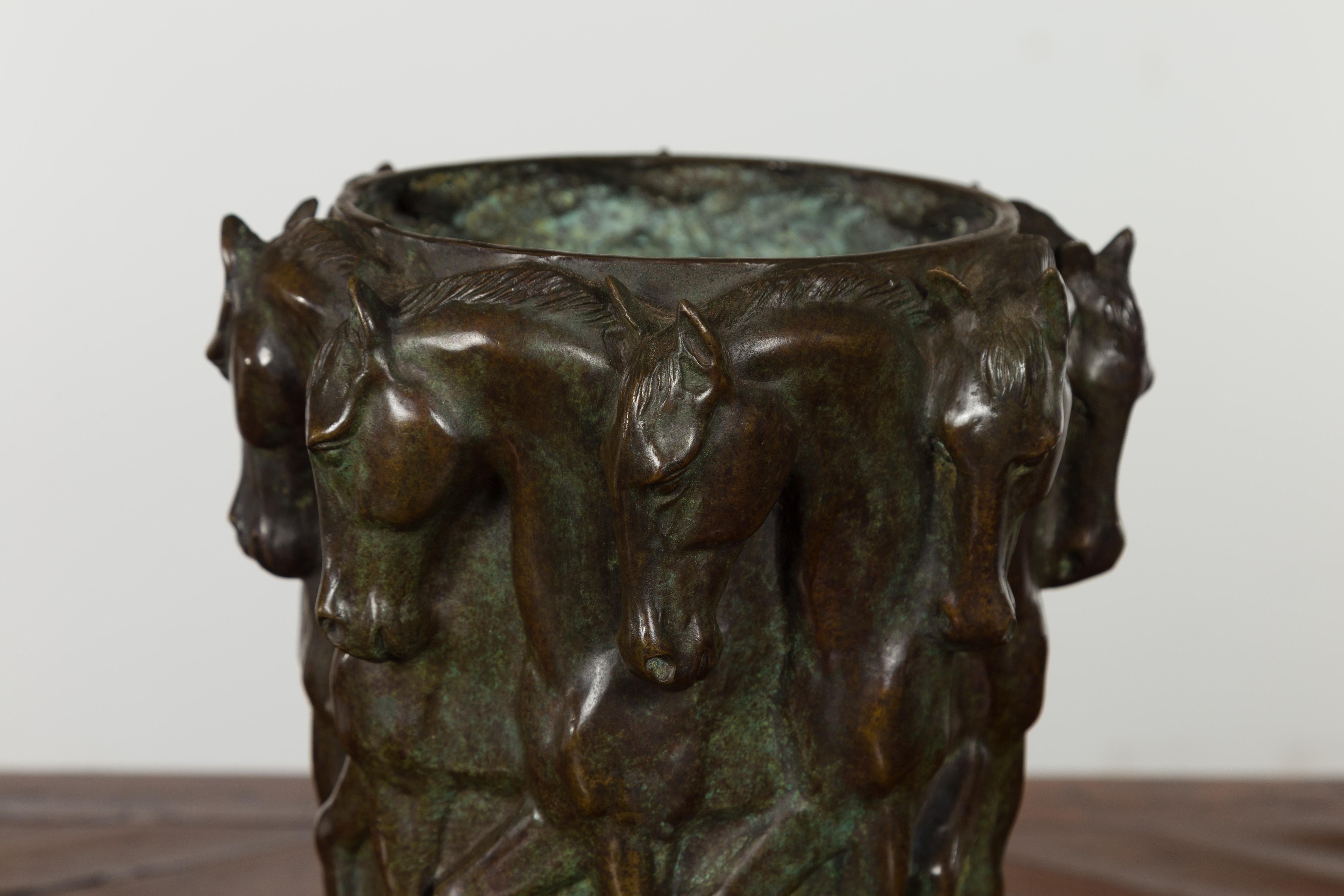 20th Century 1920s Patinated Bronze Vase with Frieze of Passing Horses Cast in High Relief