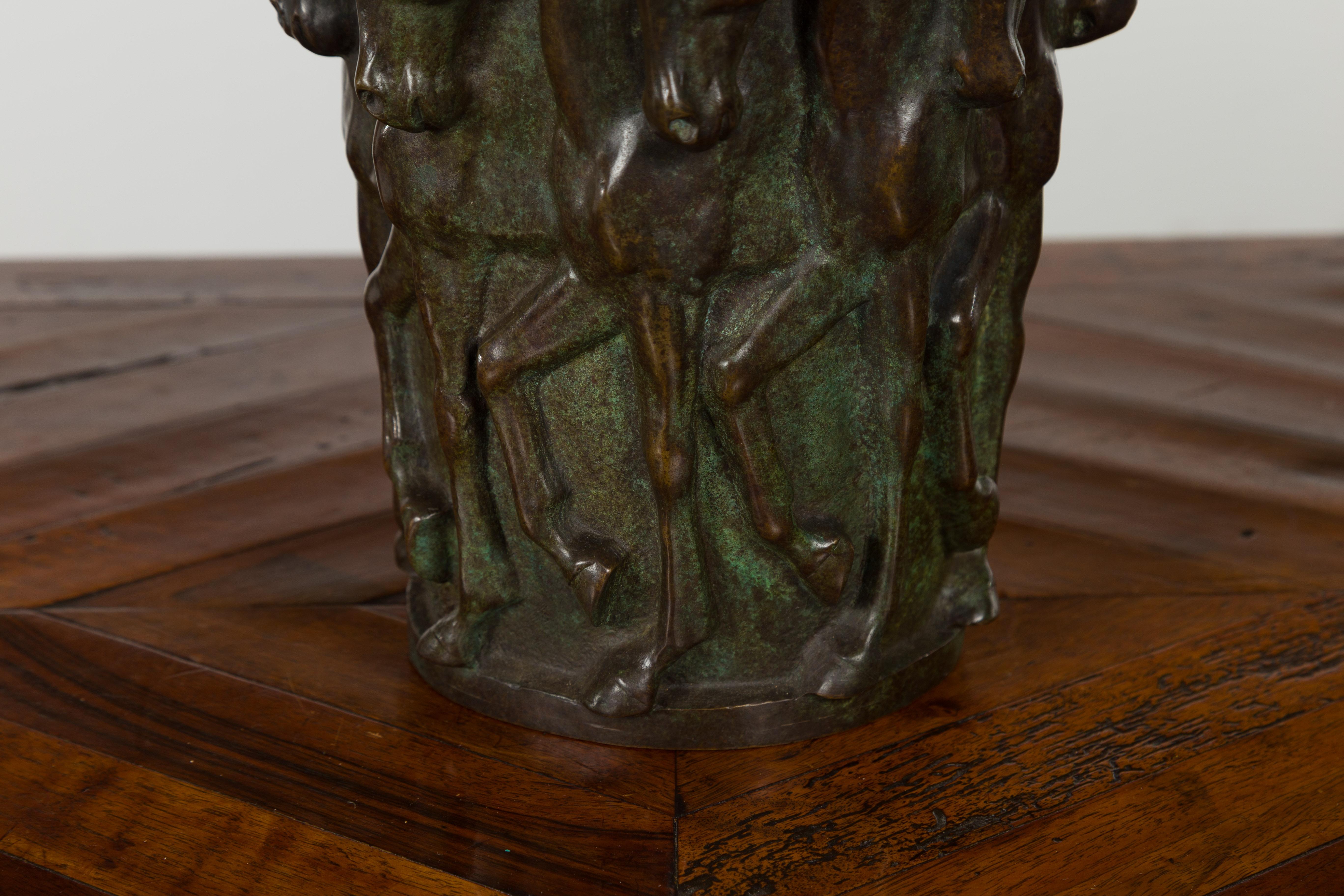 1920s Patinated Bronze Vase with Frieze of Passing Horses Cast in High Relief 1