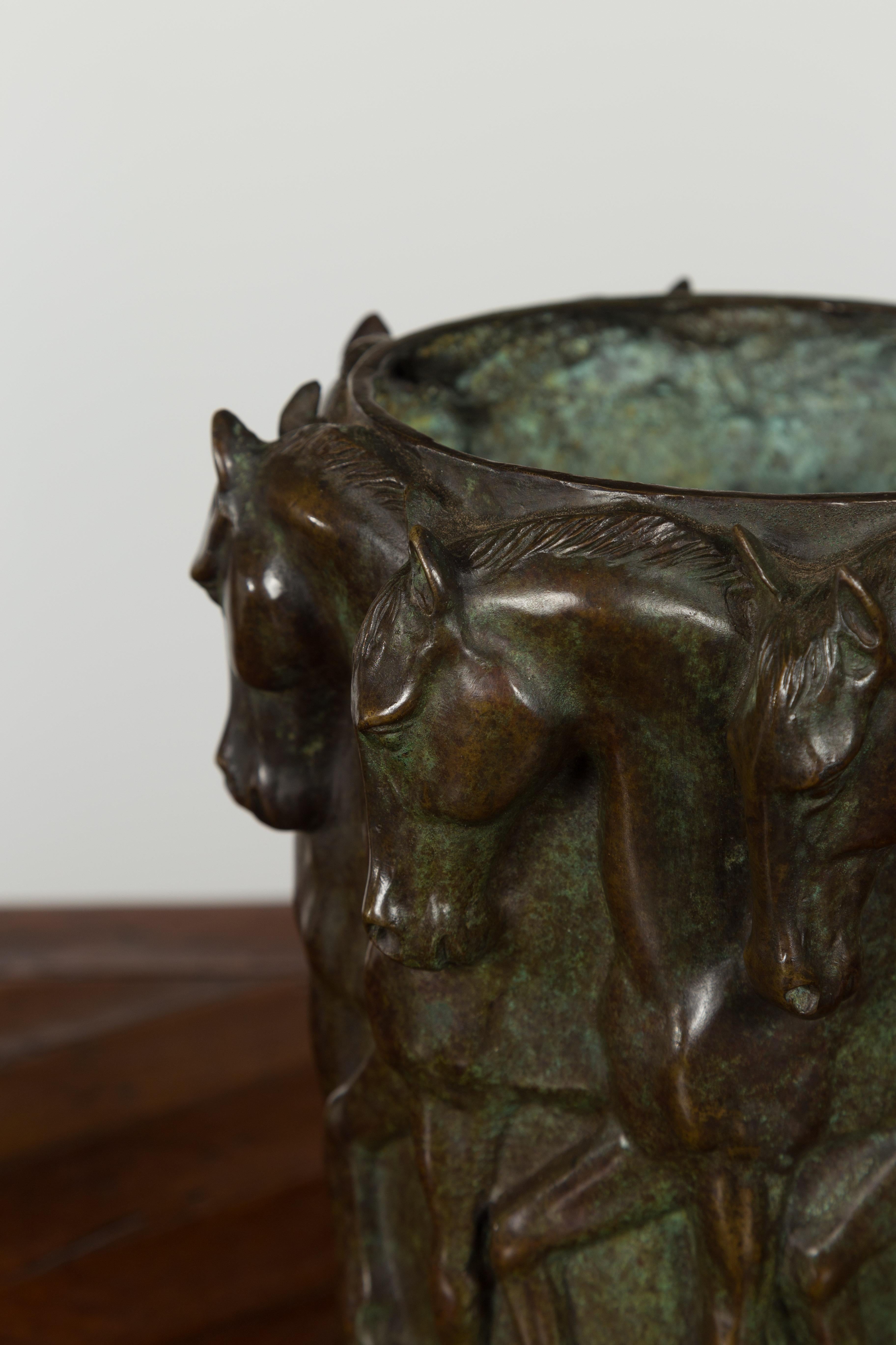 1920s Patinated Bronze Vase with Frieze of Passing Horses Cast in High Relief 2