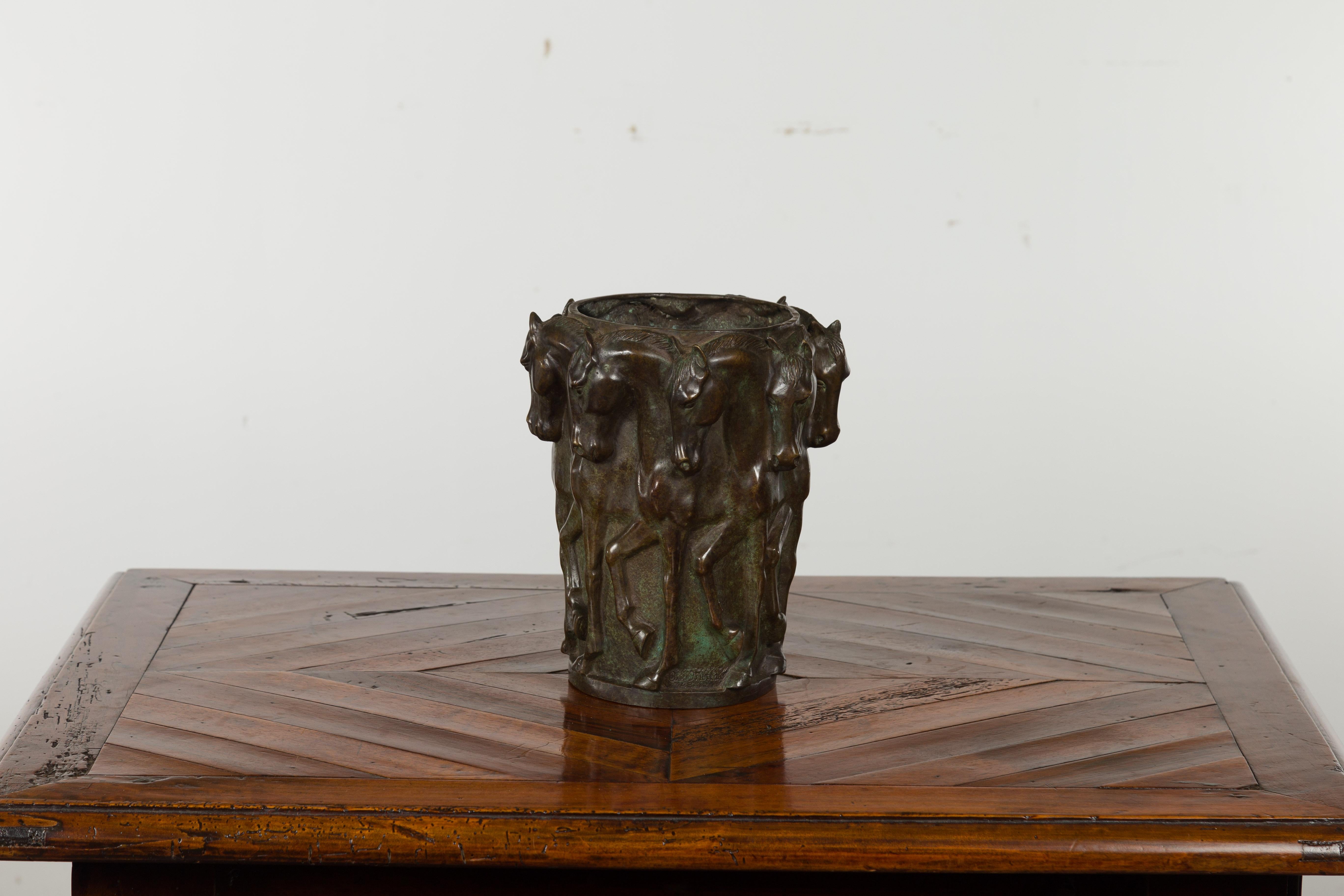1920s Patinated Bronze Vase with Frieze of Passing Horses Cast in High Relief 4