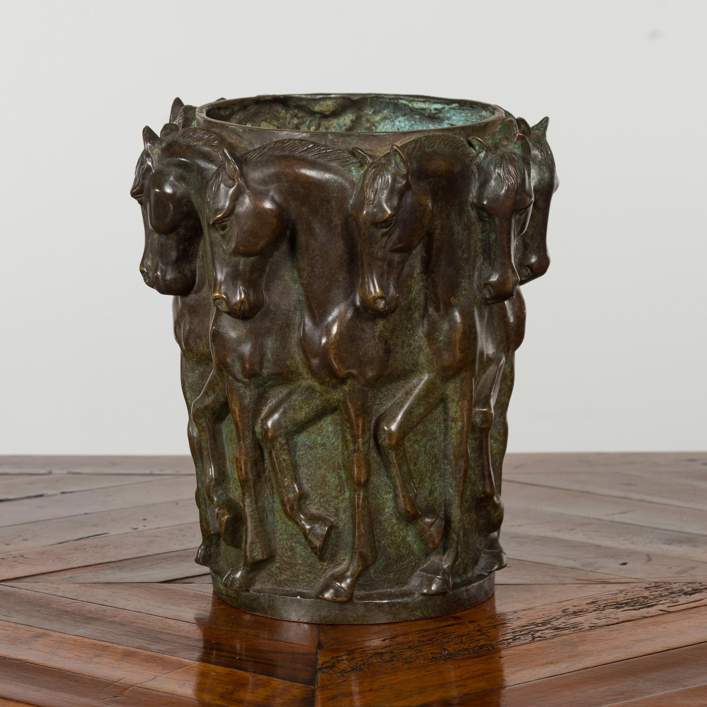 1920s Patinated Bronze Vase with Frieze of Passing Horses Cast in High Relief 5