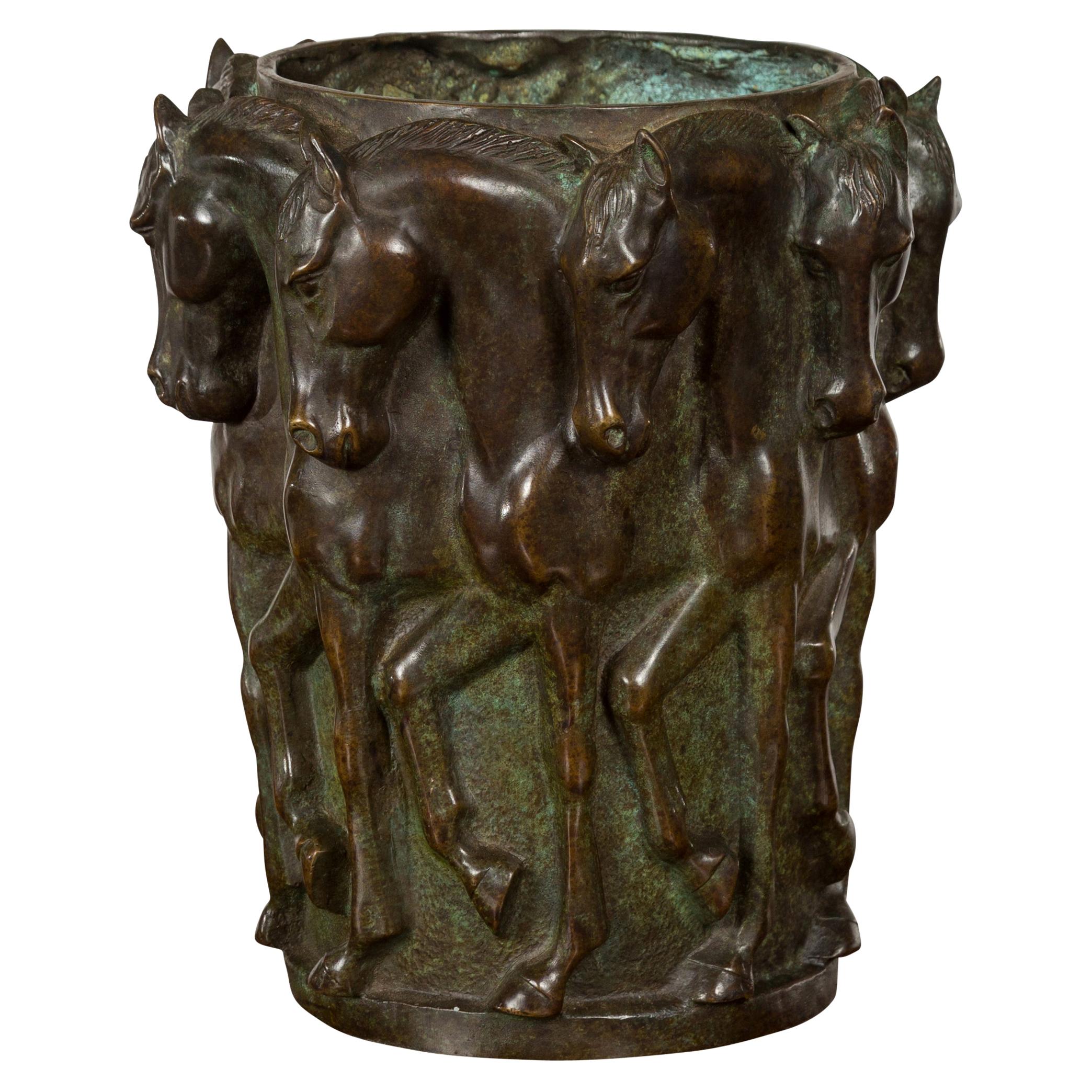1920s Patinated Bronze Vase with Frieze of Passing Horses Cast in High Relief