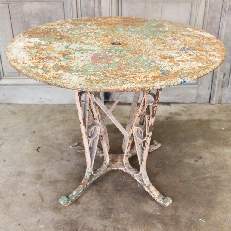 1920s Patinated French Painted Metal Garden Table with Worked Iron Base For Sale 5