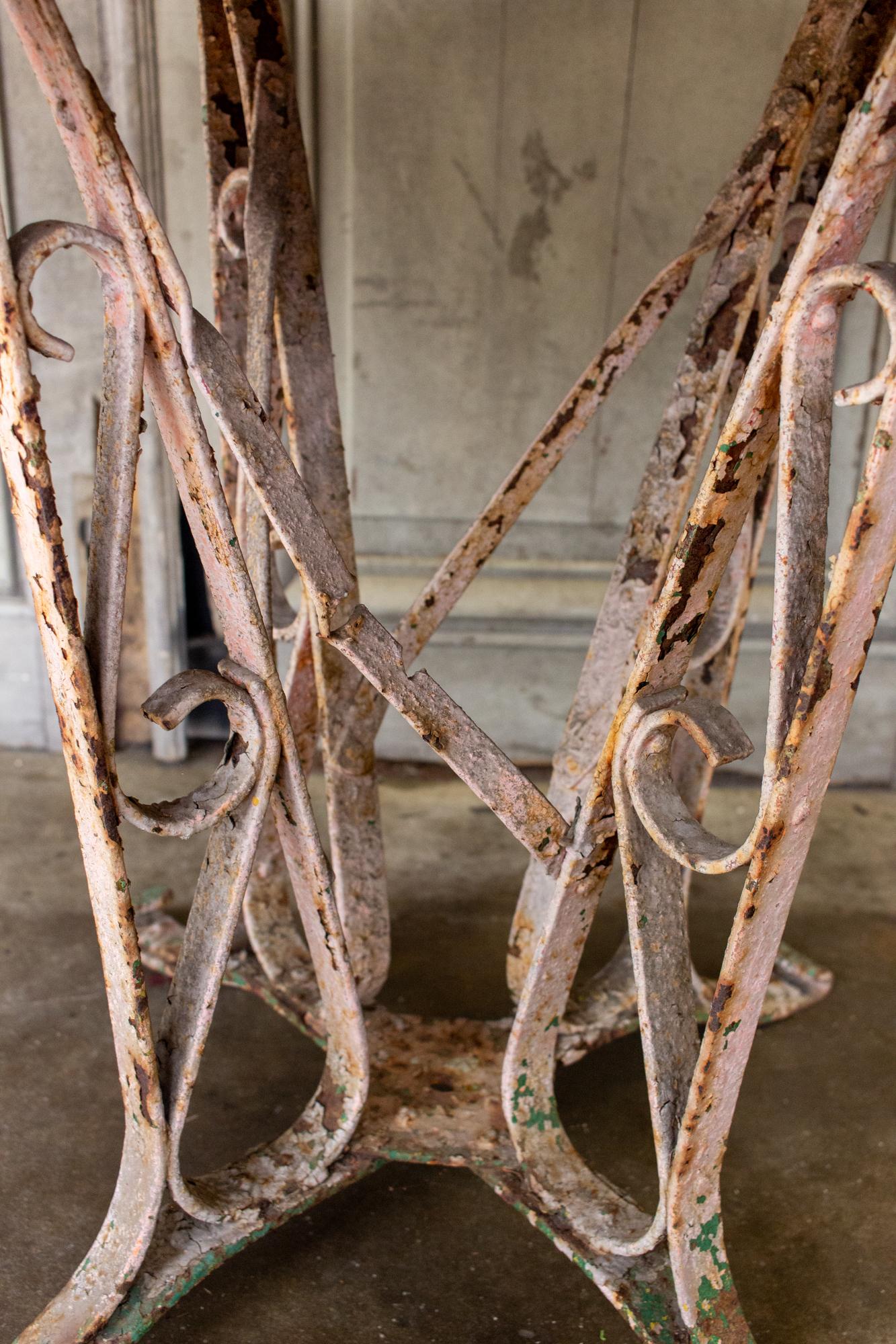 1920s Patinated French Painted Metal Garden Table with Worked Iron Base 7