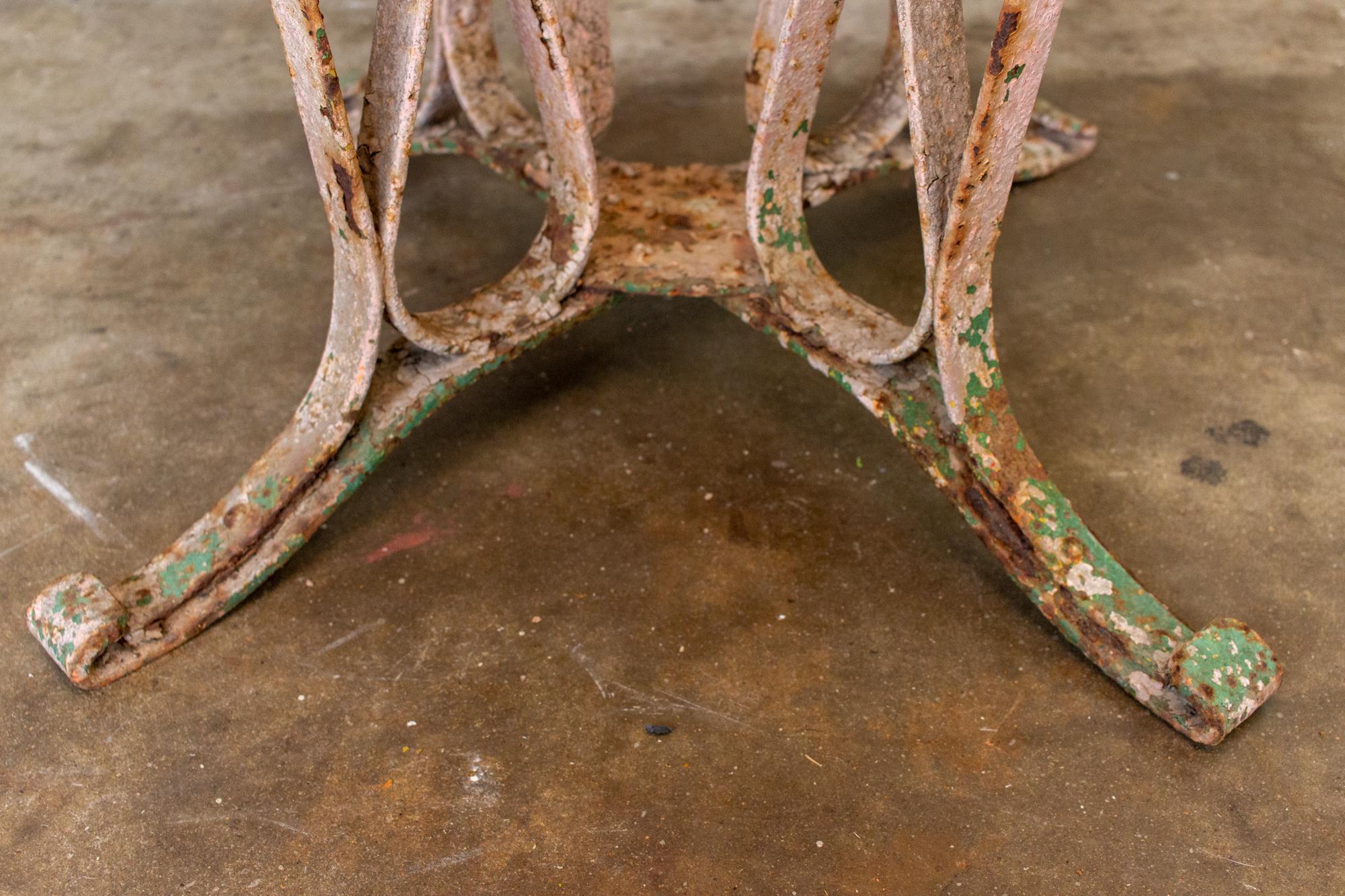 1920s Patinated French Painted Metal Garden Table with Worked Iron Base 8