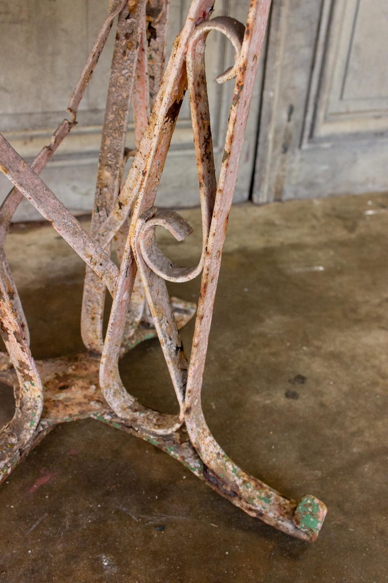 1920s Patinated French Painted Metal Garden Table with Worked Iron Base For Sale 1
