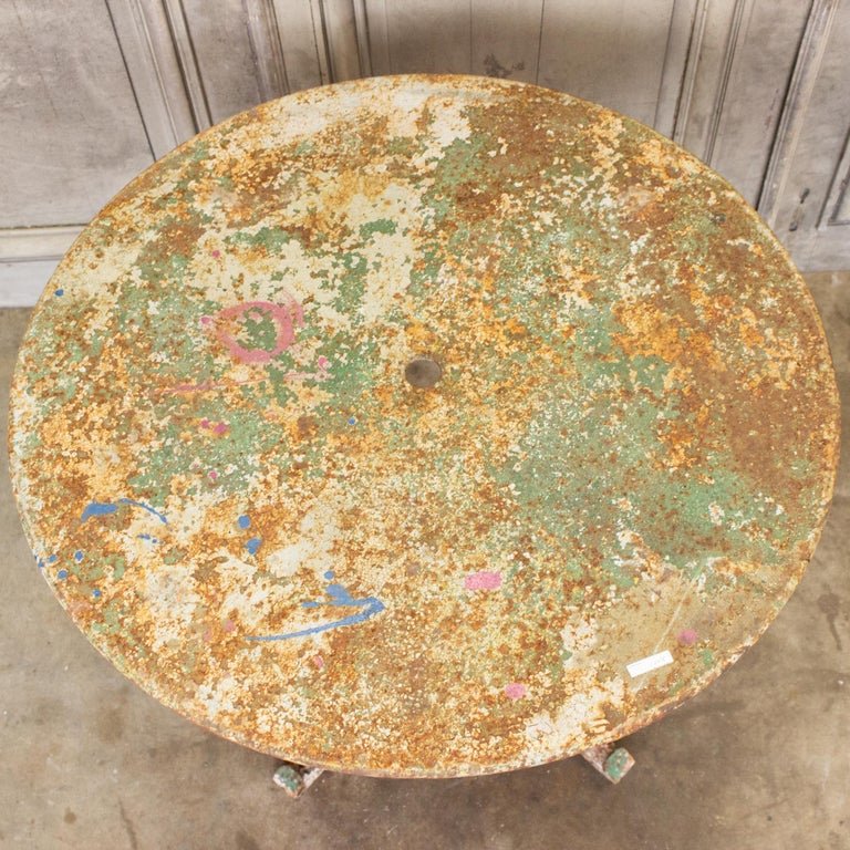 1920s Patinated French Painted Metal Garden Table with Worked Iron Base For Sale 3