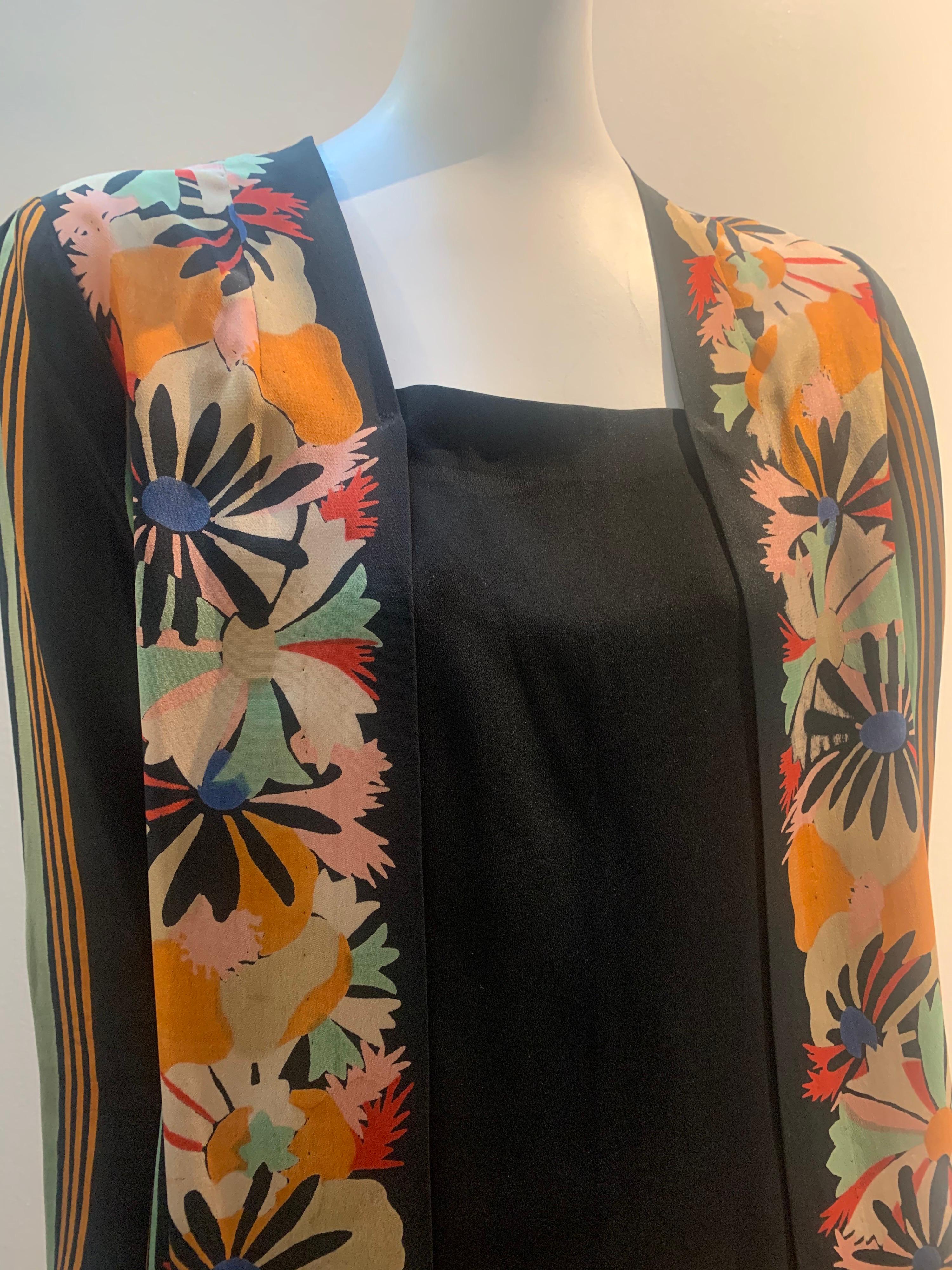 Black 1920s Paul Poiret Original Fabric Art Deco Floral & Stripe Day Dress 
