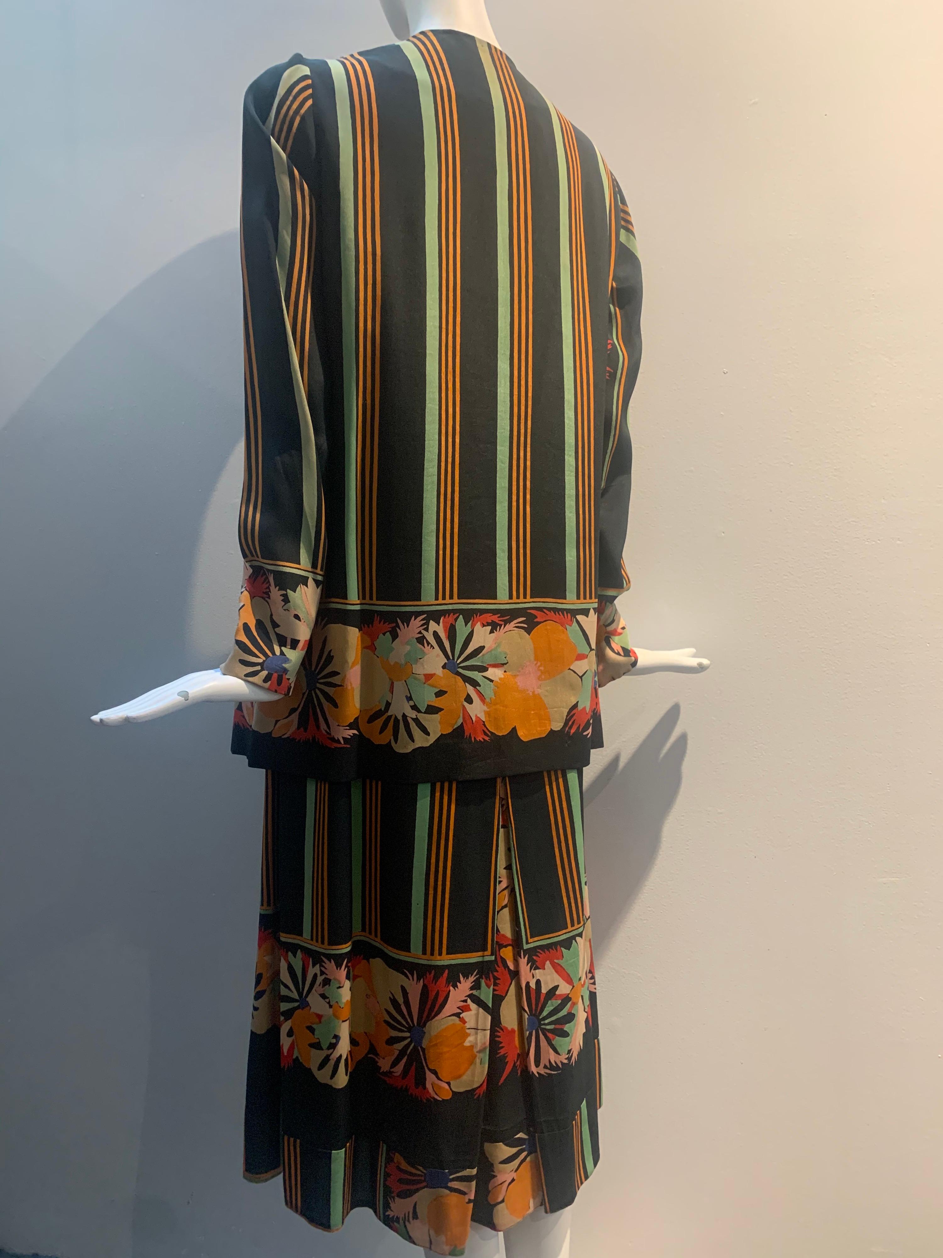 1920s Paul Poiret Original Fabric Art Deco Floral & Stripe Day Dress  In Good Condition In Gresham, OR