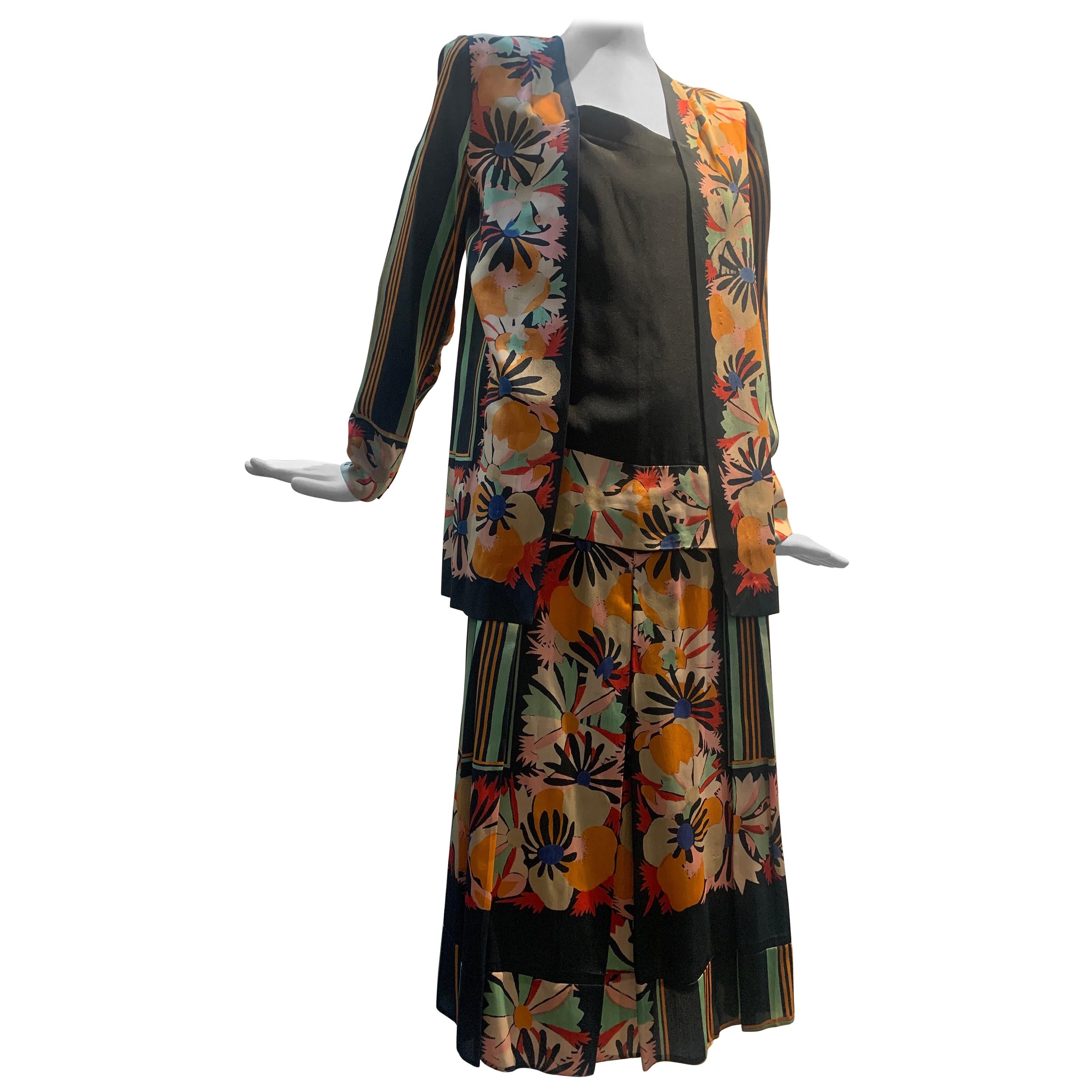 1920s Paul Poiret Original Fabric Art Deco Floral & Stripe Day Dress 