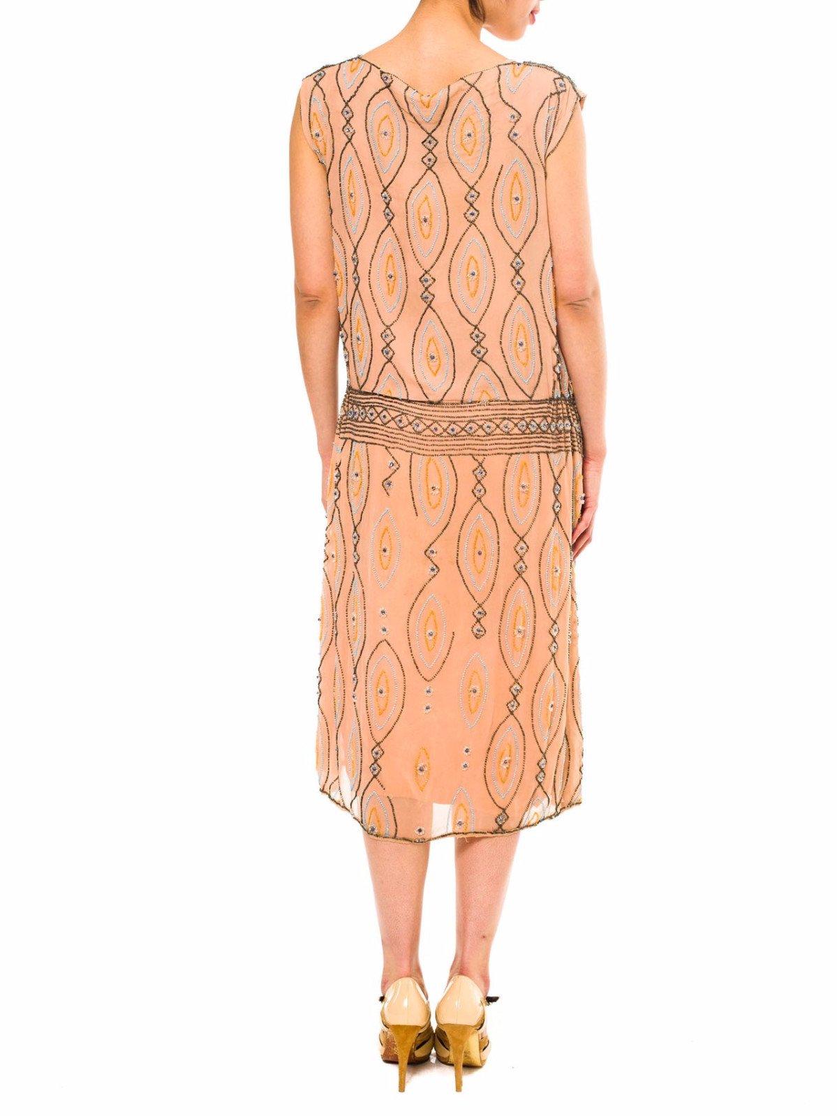 1920S Peach Beaded Silk Chiffon Art Deco Flapper Cocktail Dress In Excellent Condition In New York, NY