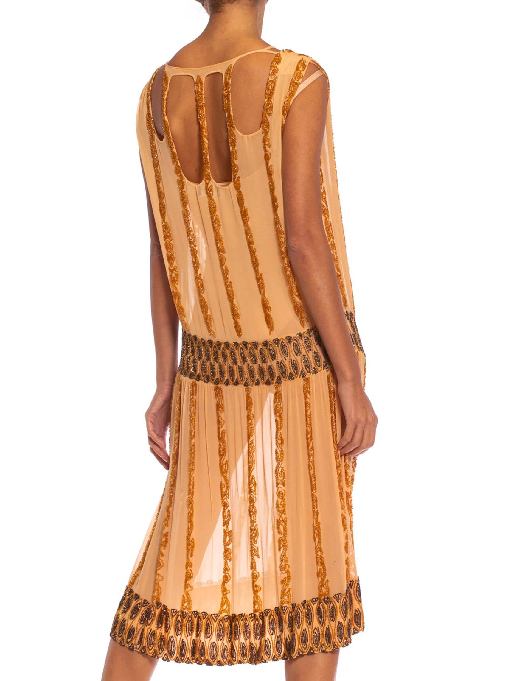 1920S Peach Silk Chiffon Beaded In Amber & Metallic Brown Cocktail Dress With C In Excellent Condition For Sale In New York, NY