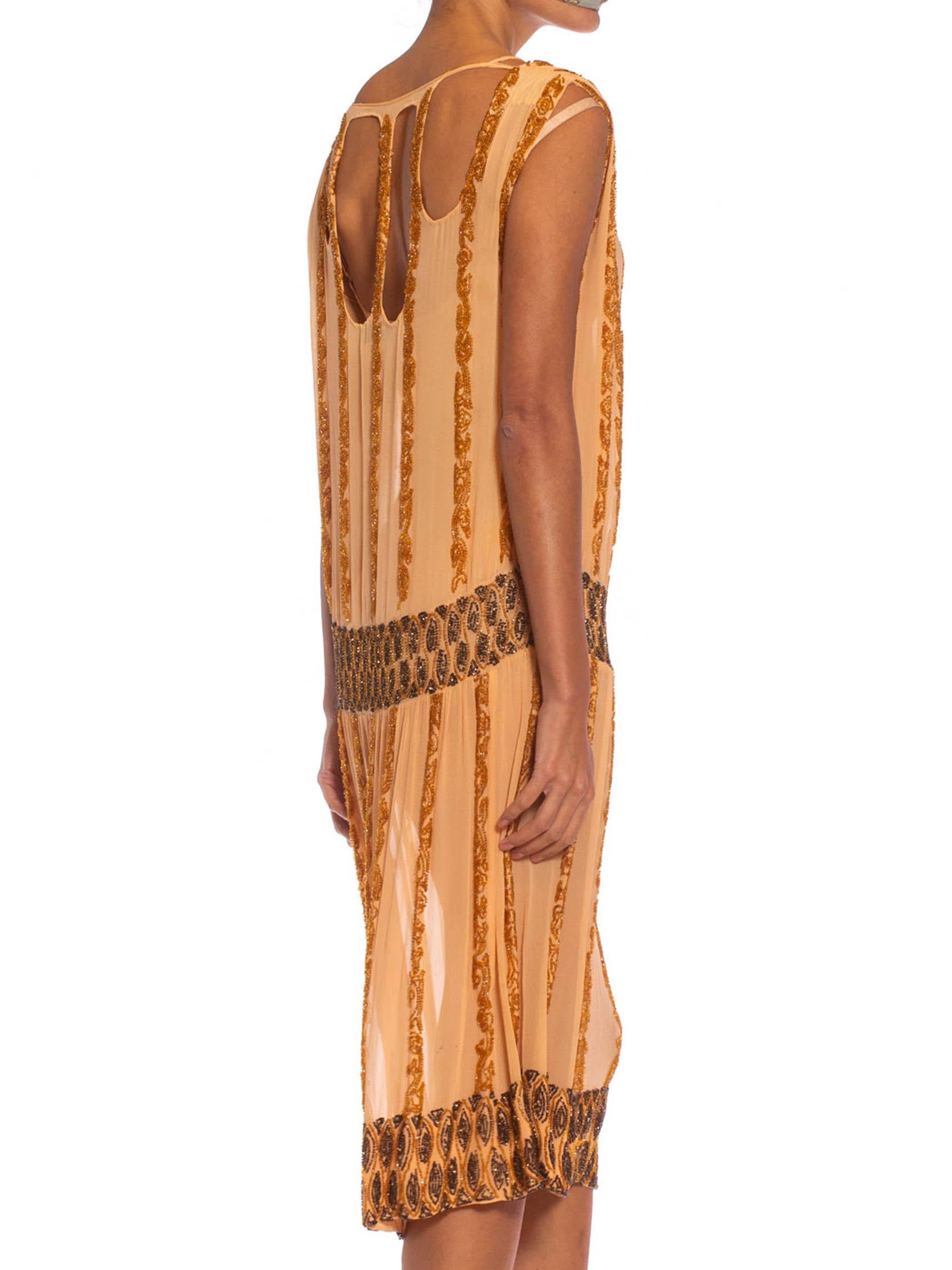 Women's 1920S Peach Silk Chiffon Beaded In Amber & Metallic Brown Cocktail Dress With C For Sale