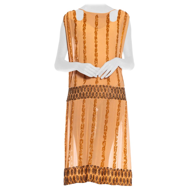 1920S Peach Silk Chiffon Beaded In Amber and Metallic Brown Cocktail Dress With C For Sale at 1stDibs | amber color dress, amber cu, chiffon dress 1920s 1920S Peach Silk Chiffon Beaded In Amber and Metallic Brown Cocktail Dress With C For Sale at 1stDibs | amber color dress, amber cu, chiffon dress 1920s