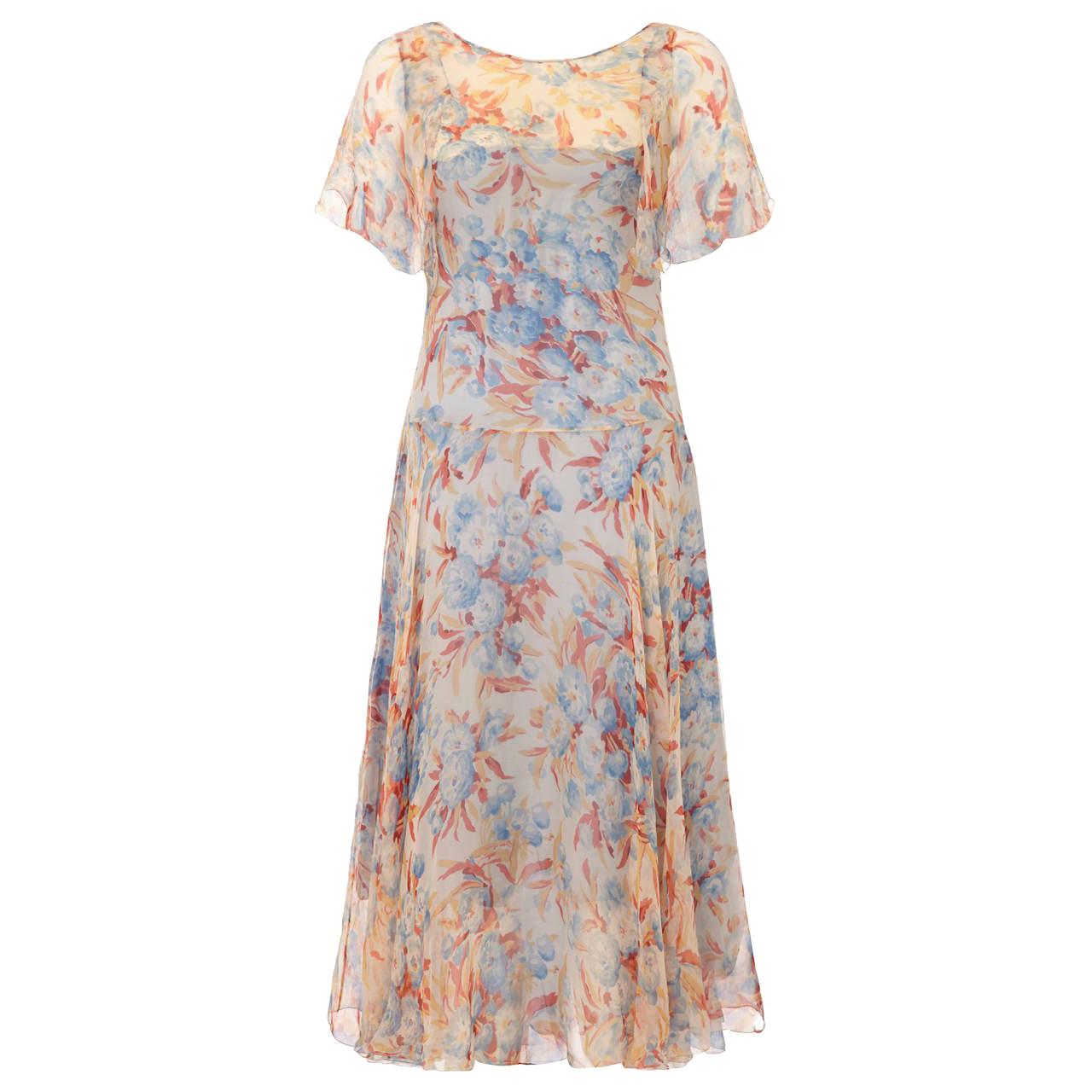 1920s Peach and Blue Silk Chiffon Floral Dress For Sale