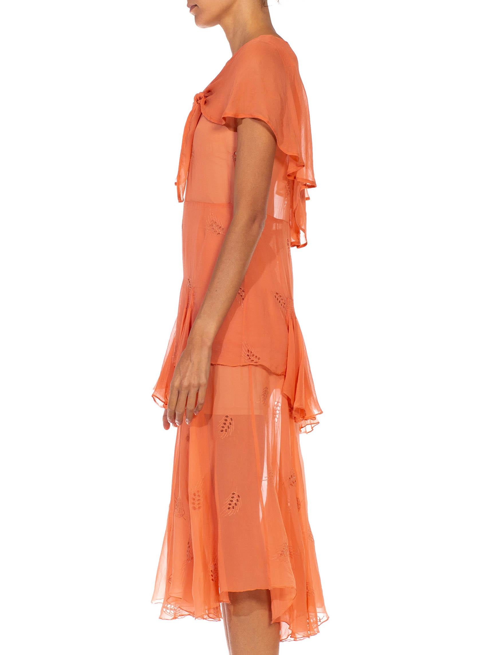 1920S Pfirsich Seide Chiffon Leichtes Leichtes Sommerkleid (Orange) im Angebot