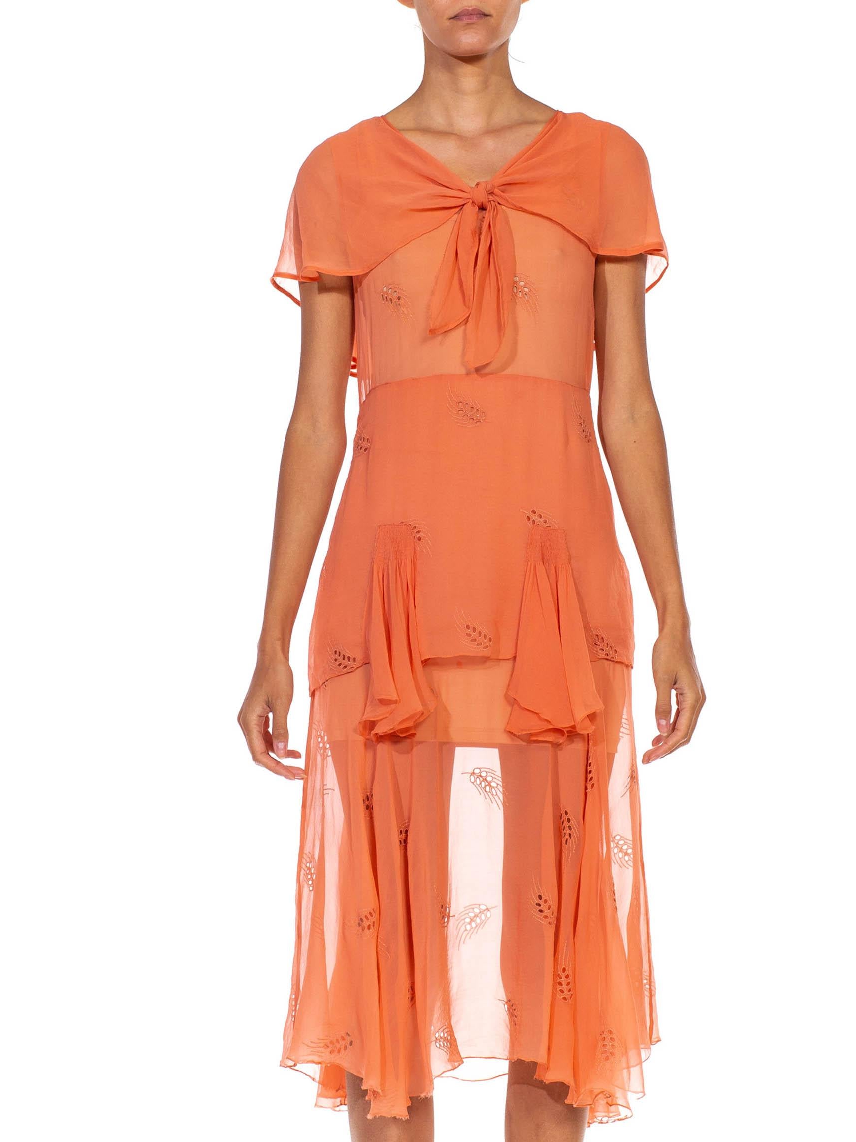 Orange 1920S Peach Silk Chiffon Lightweight Easy Summer Dress For Sale
