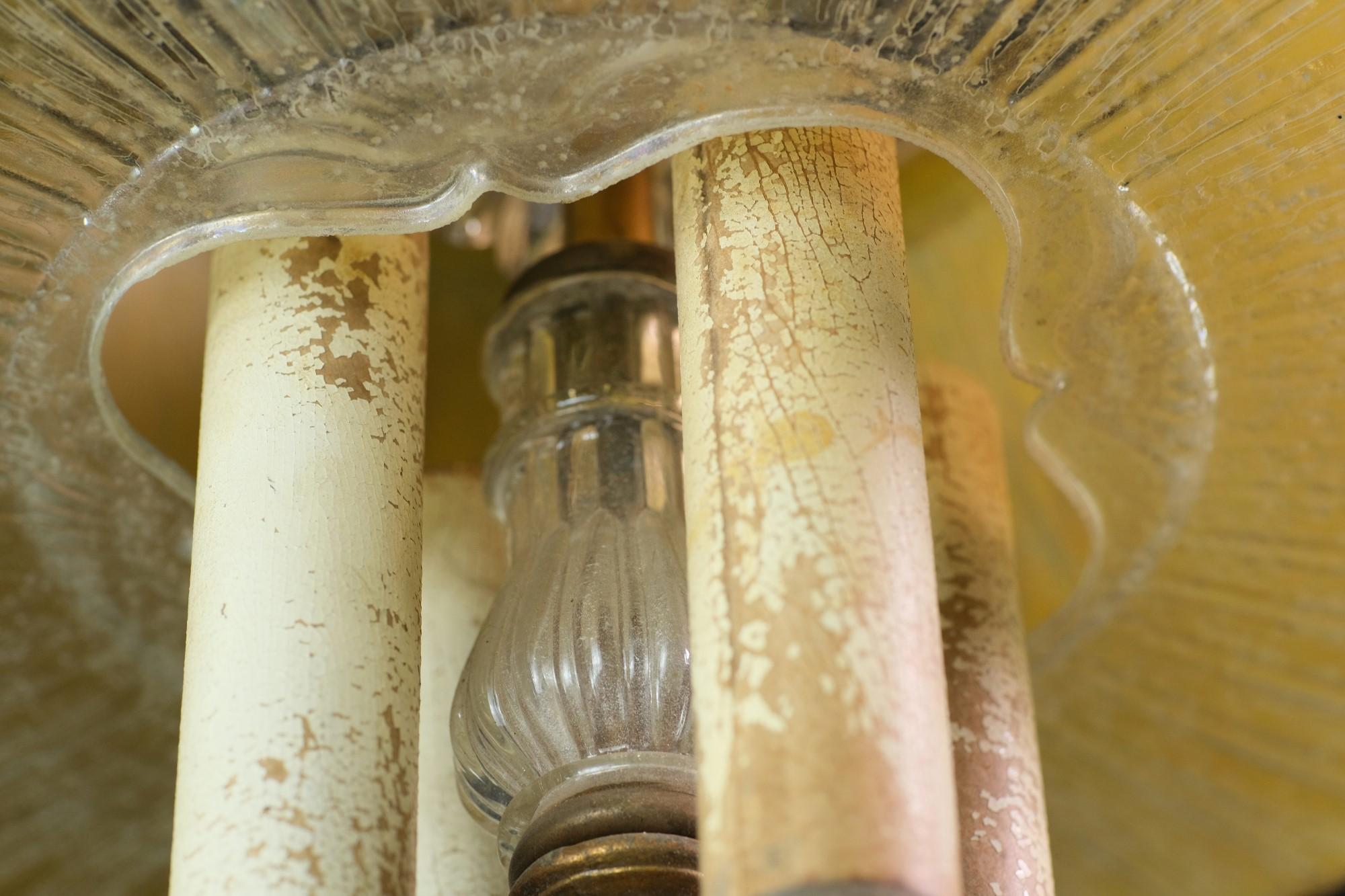 Steel 1920s Pendant Light, Cast Glass Yellow Mushroom Shade with 4 Candlesticks