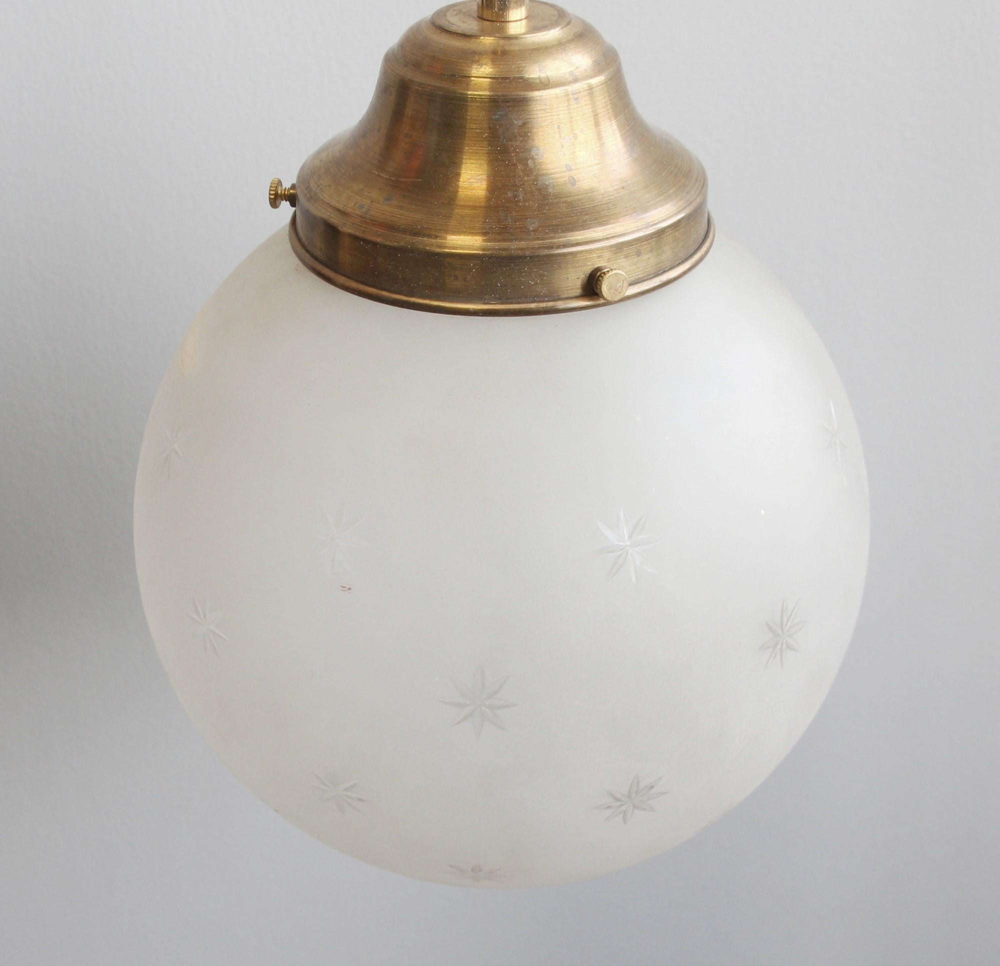 1920s Pendant Light Etched Glass Shade and Brass Hardware In Good Condition In New York, NY