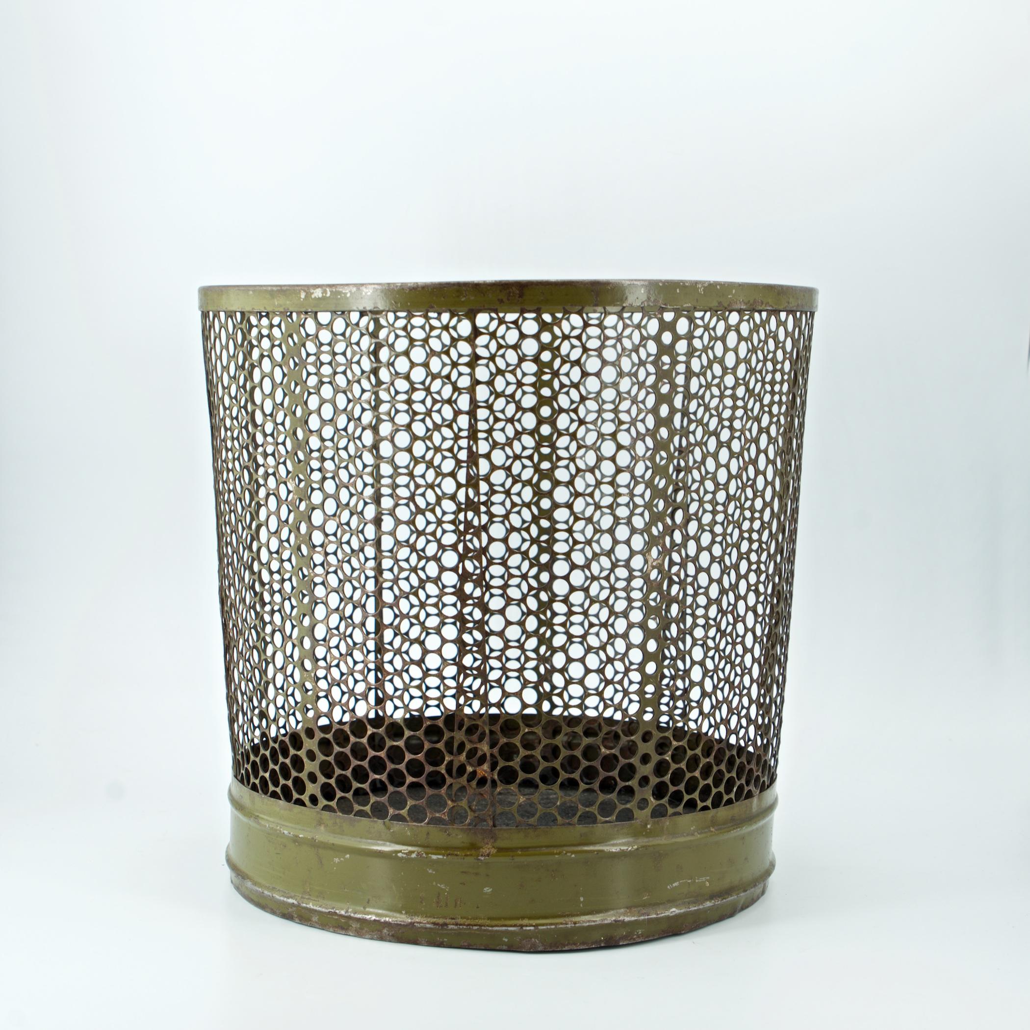 Painted 1920s Perforated Metal Industrial Factory Office Wastebasket Trash Can Green