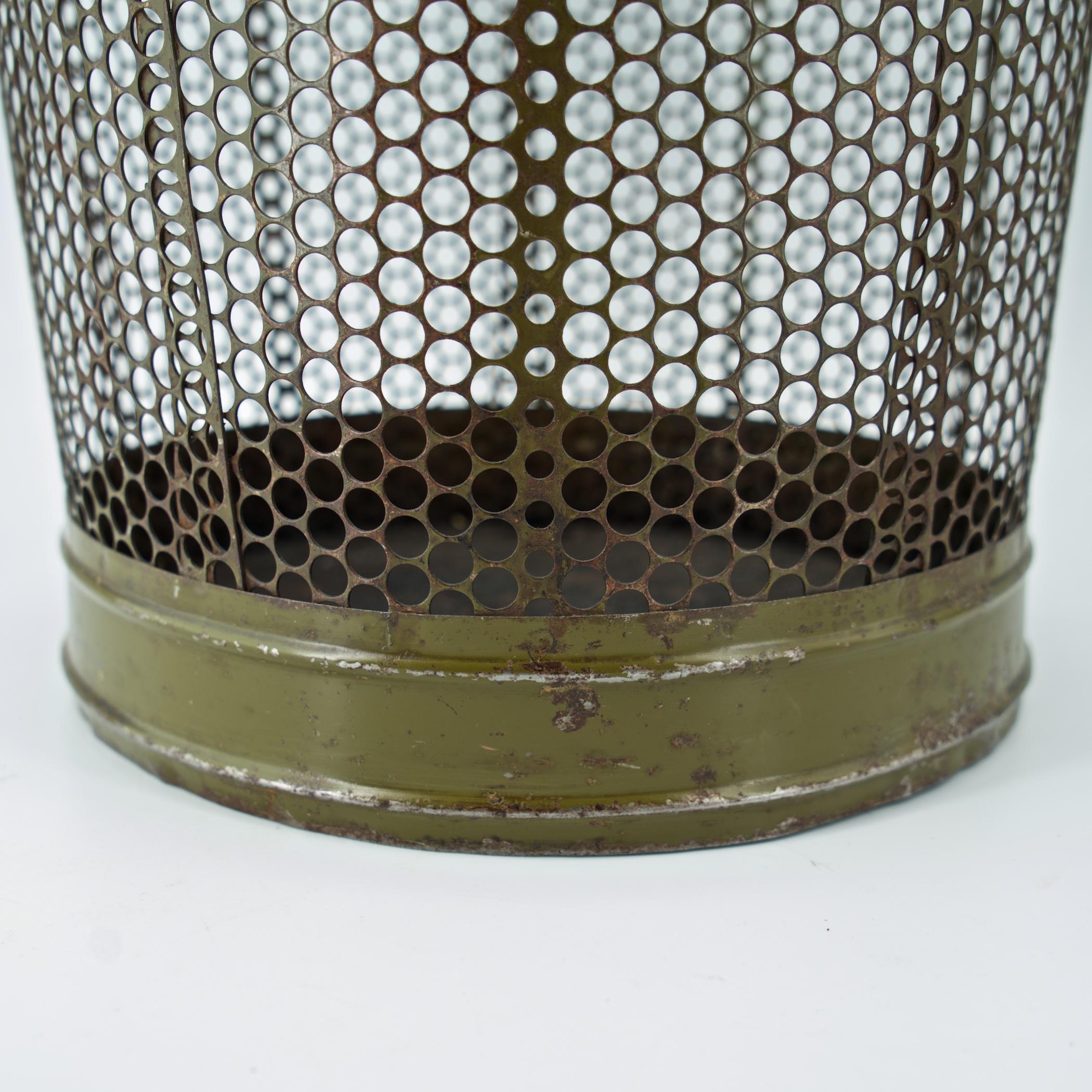 1920s Perforated Metal Industrial Factory Office Wastebasket Trash Can Green In Fair Condition In Hyattsville, MD