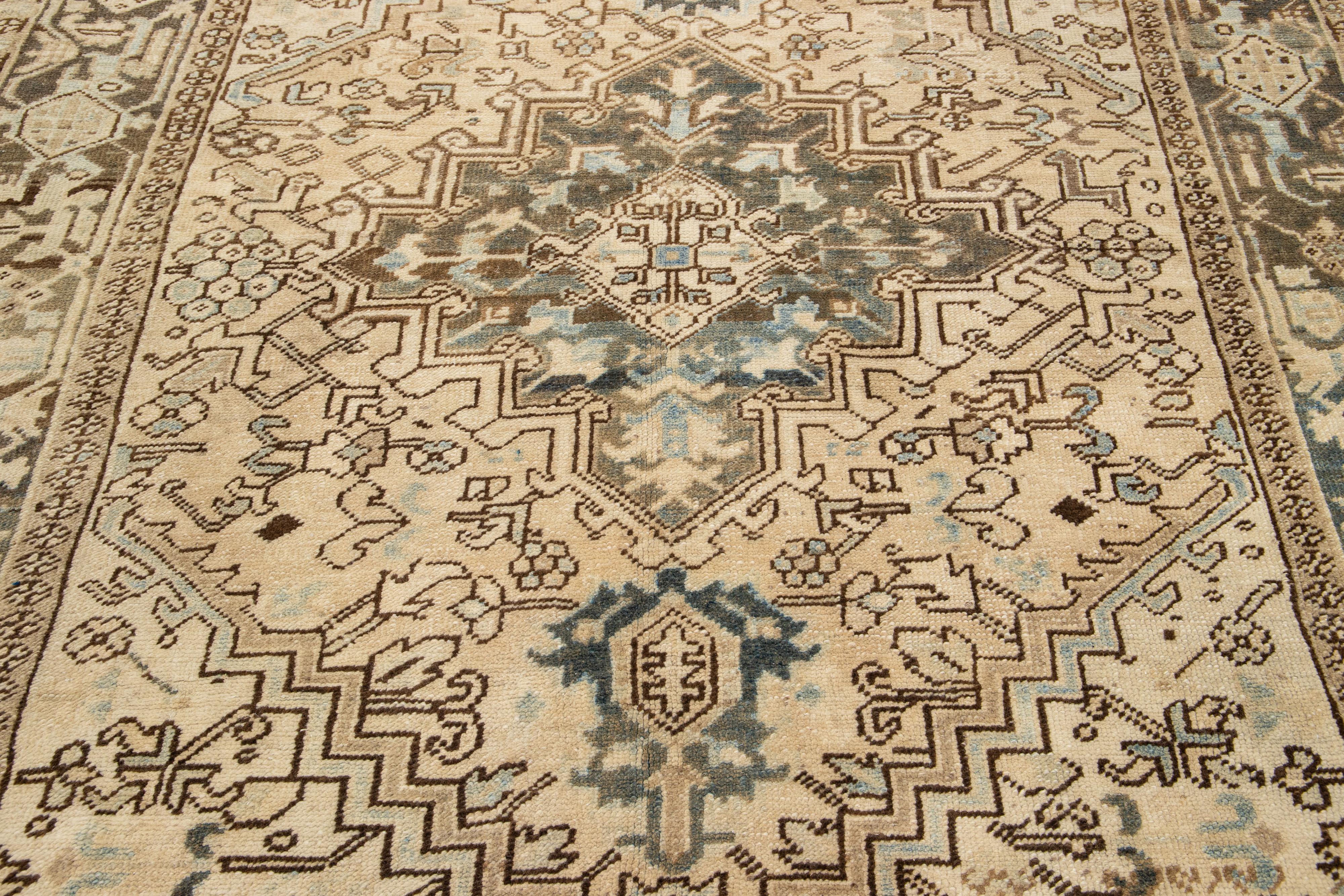 1920s Persian Antique Wool Rug In Beige with Medallion Design  For Sale 1