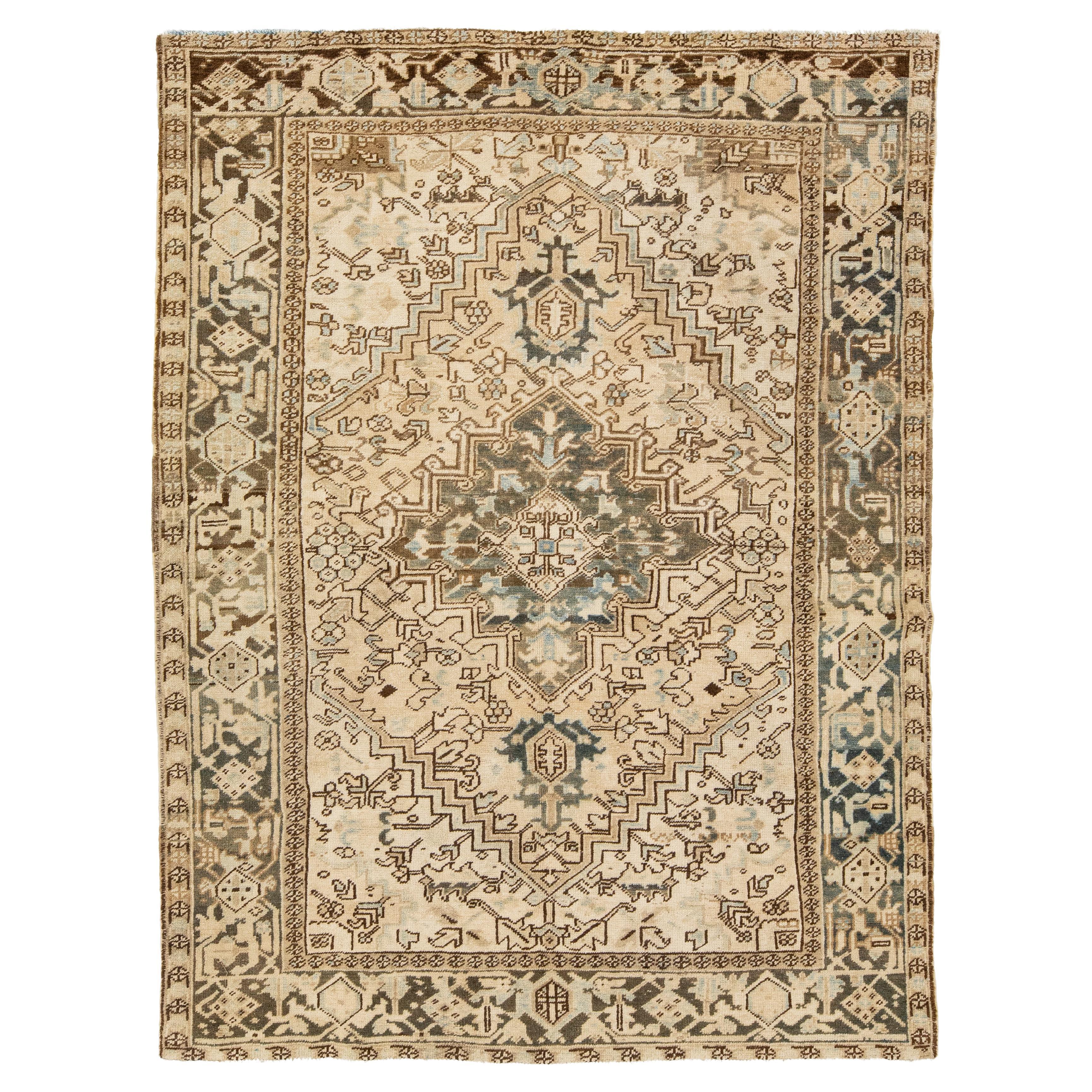 1920s Persian Antique Wool Rug In Beige with Medallion Design 
