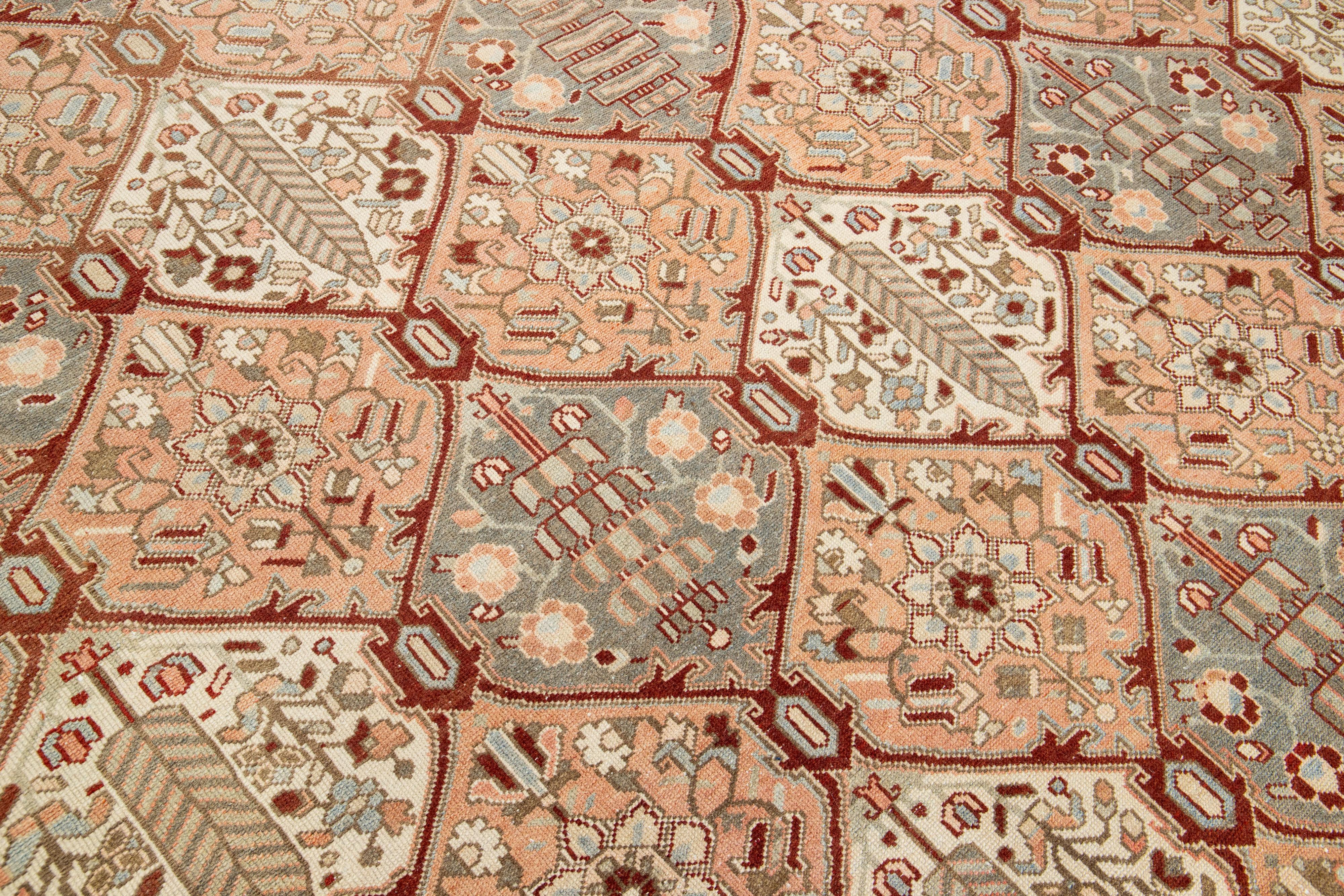 20th Century 1920s Persian Bakhtiari Peach Wool Rug Handmade With Allover Geometric Pattern For Sale