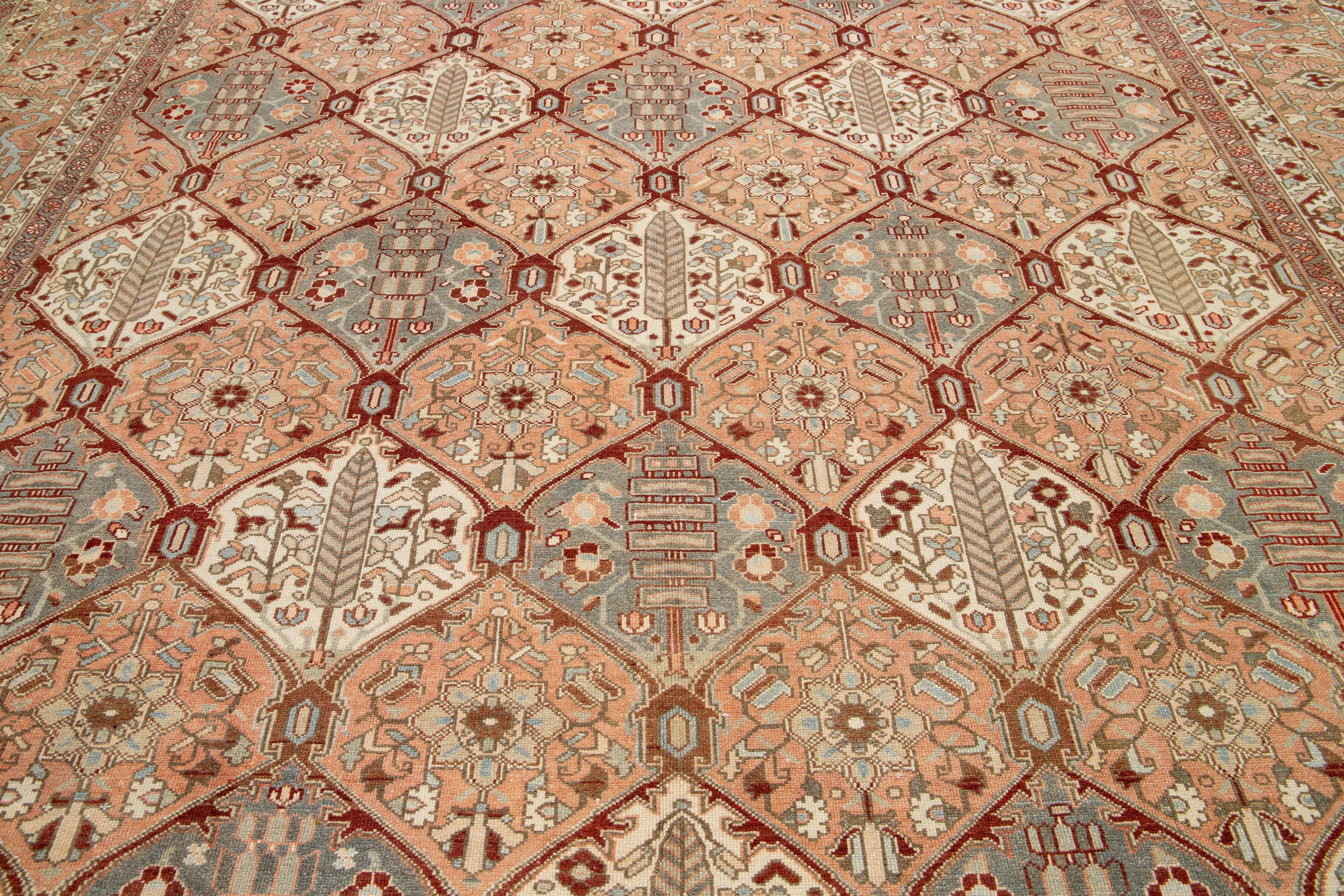 1920s Persian Bakhtiari Peach Wool Rug Handmade With Allover Geometric Pattern For Sale 1