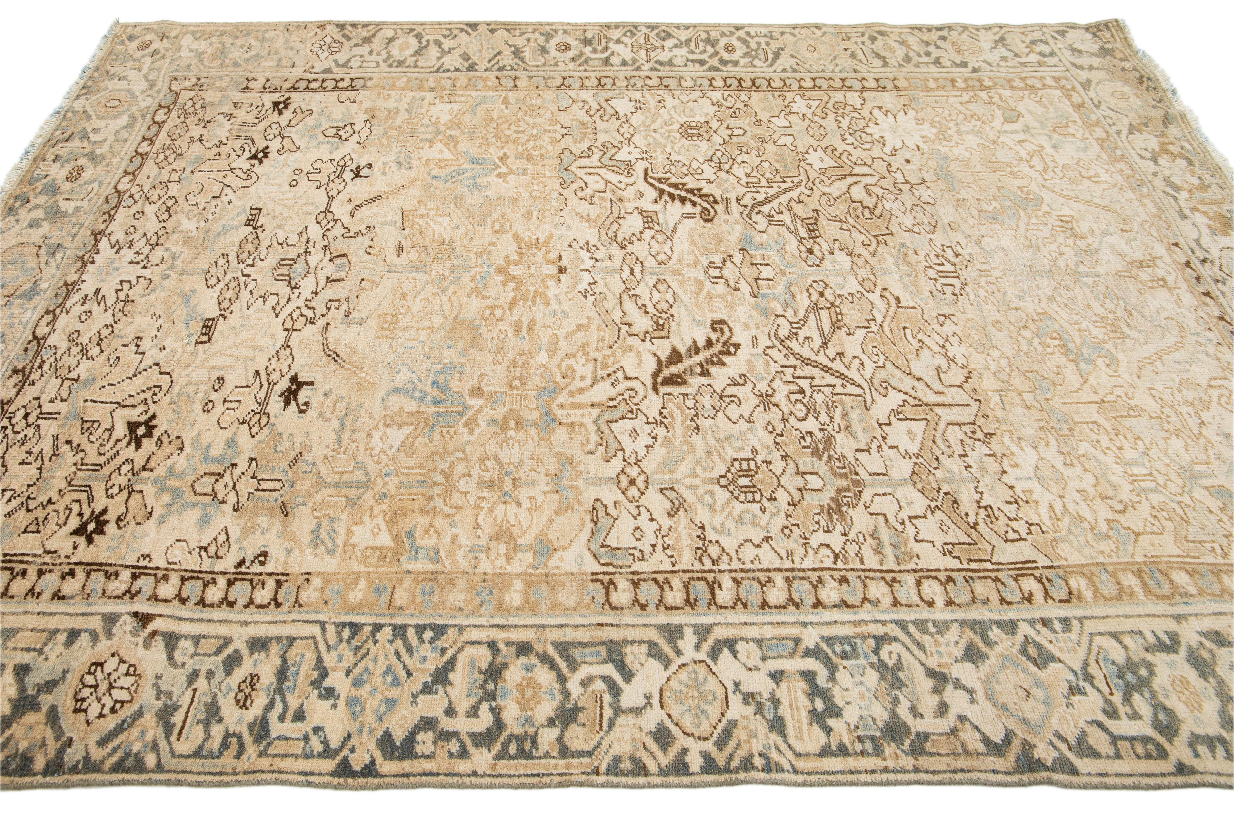 1920s Persian Heriz Room Size Wool Rug In Beige with Allover Motif  For Sale 3