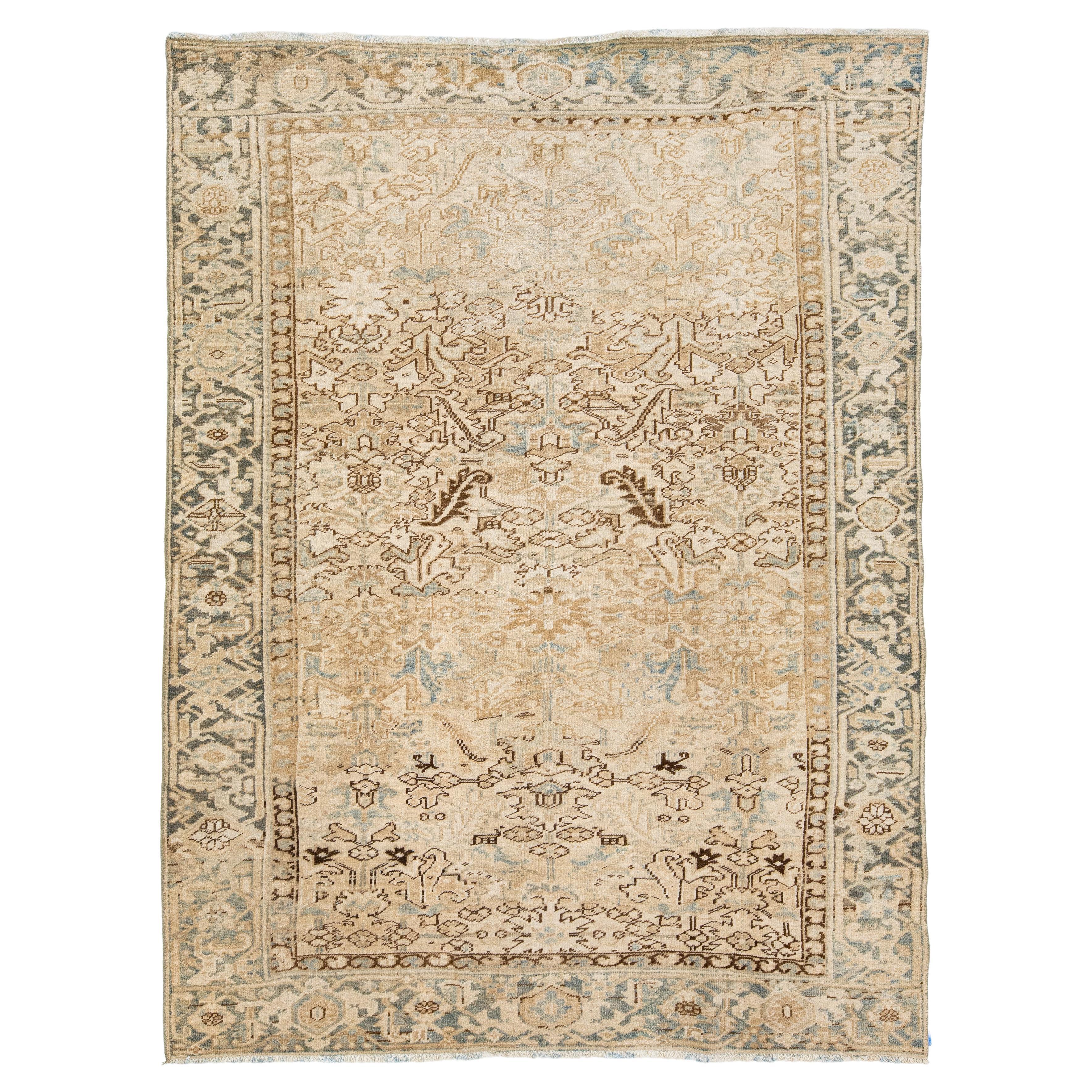 1920s Persian Heriz Room Size Wool Rug In Beige with Allover Motif  For Sale