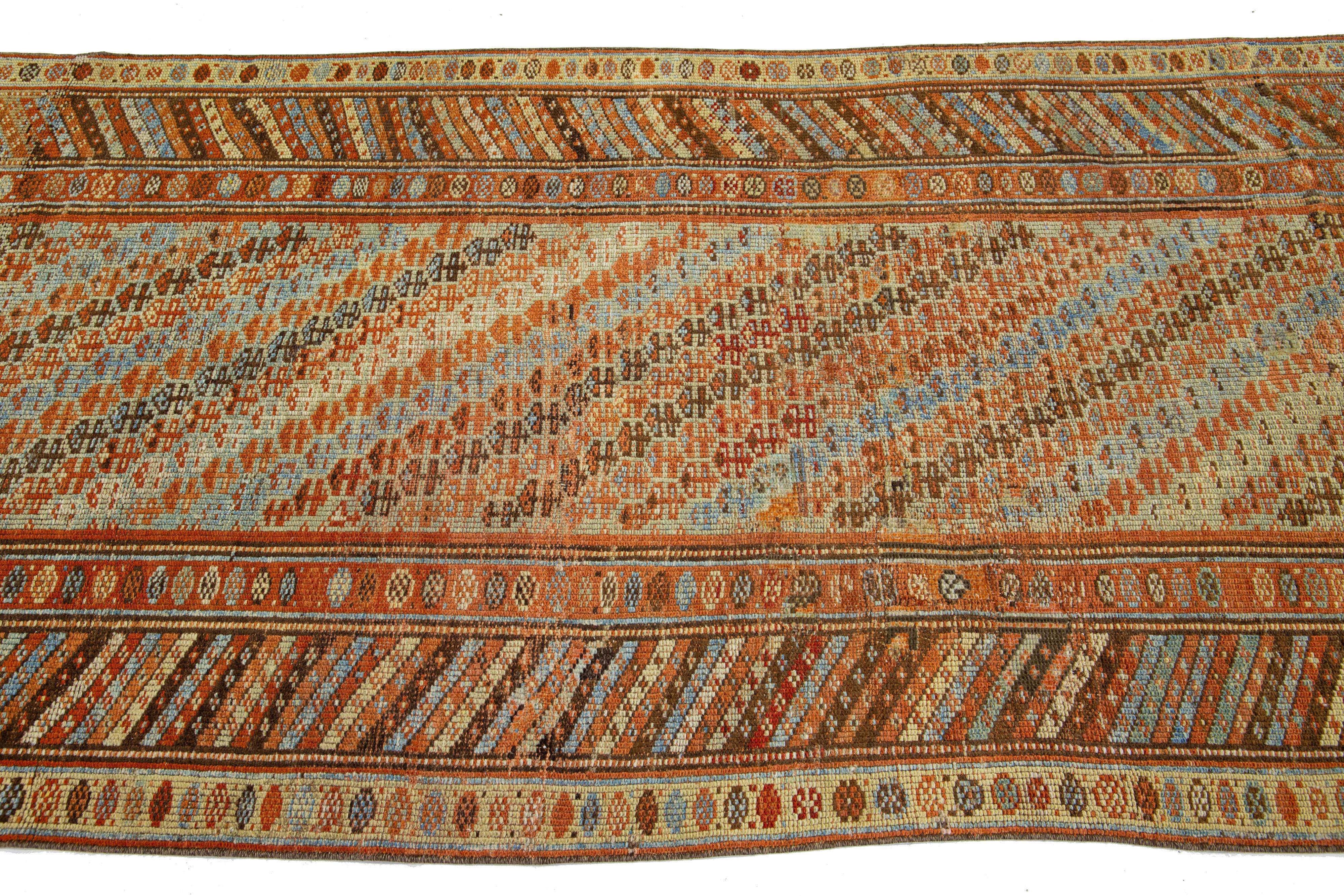 Hand-Knotted 1920s Persian Kurdish Handmade Wool Runner with multicolor Geometric Design For Sale