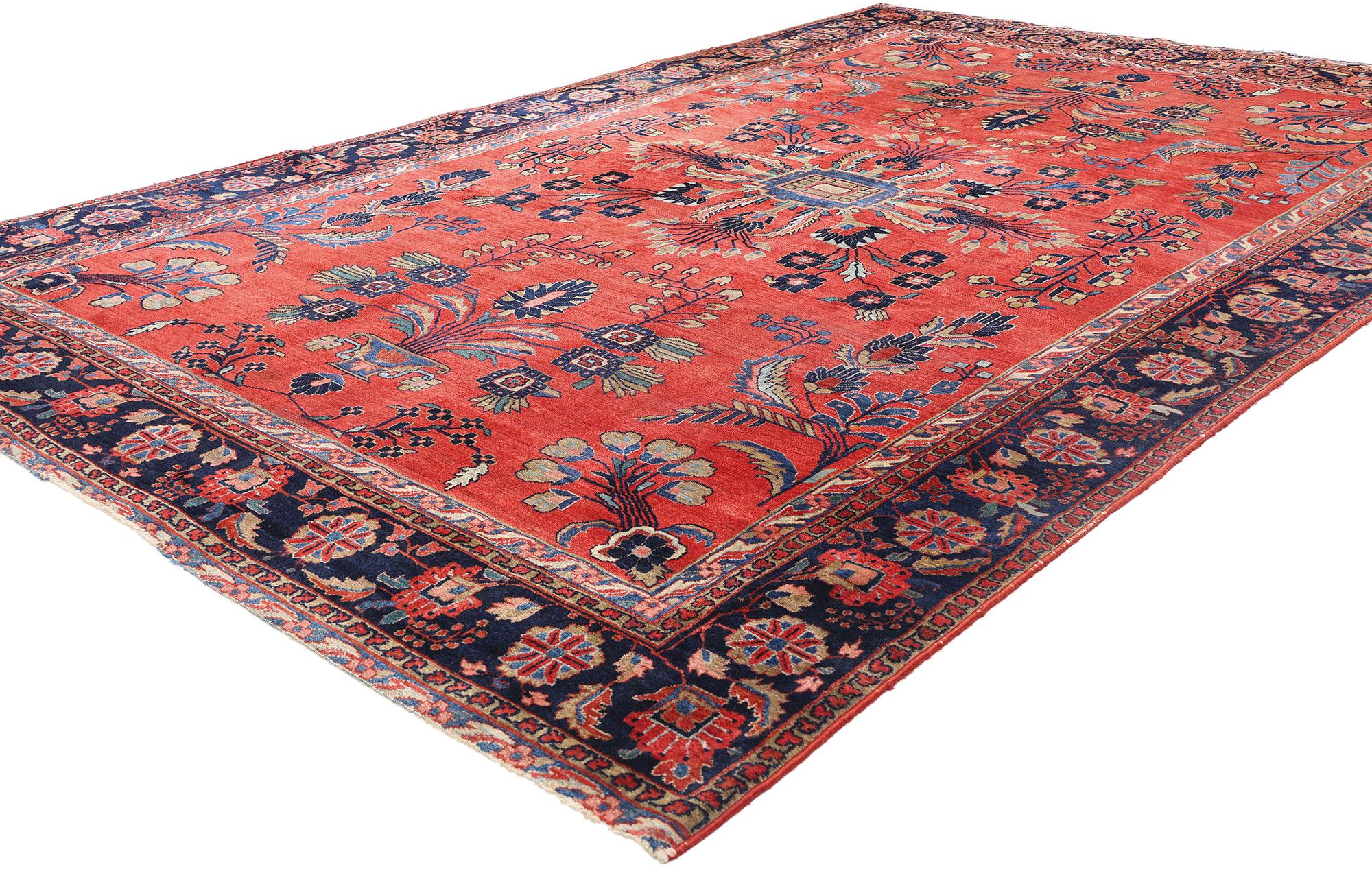79184 Tappeto Mohajeran Sarouk rosso antico persiano, 06'05 x 10'01. Irradiato dal calore fervente di un giardino in perpetua fioritura, questo tappeto antico persiano Mohajeran Sarouk in lana annodato a mano svela una composizione gioiosa in cui