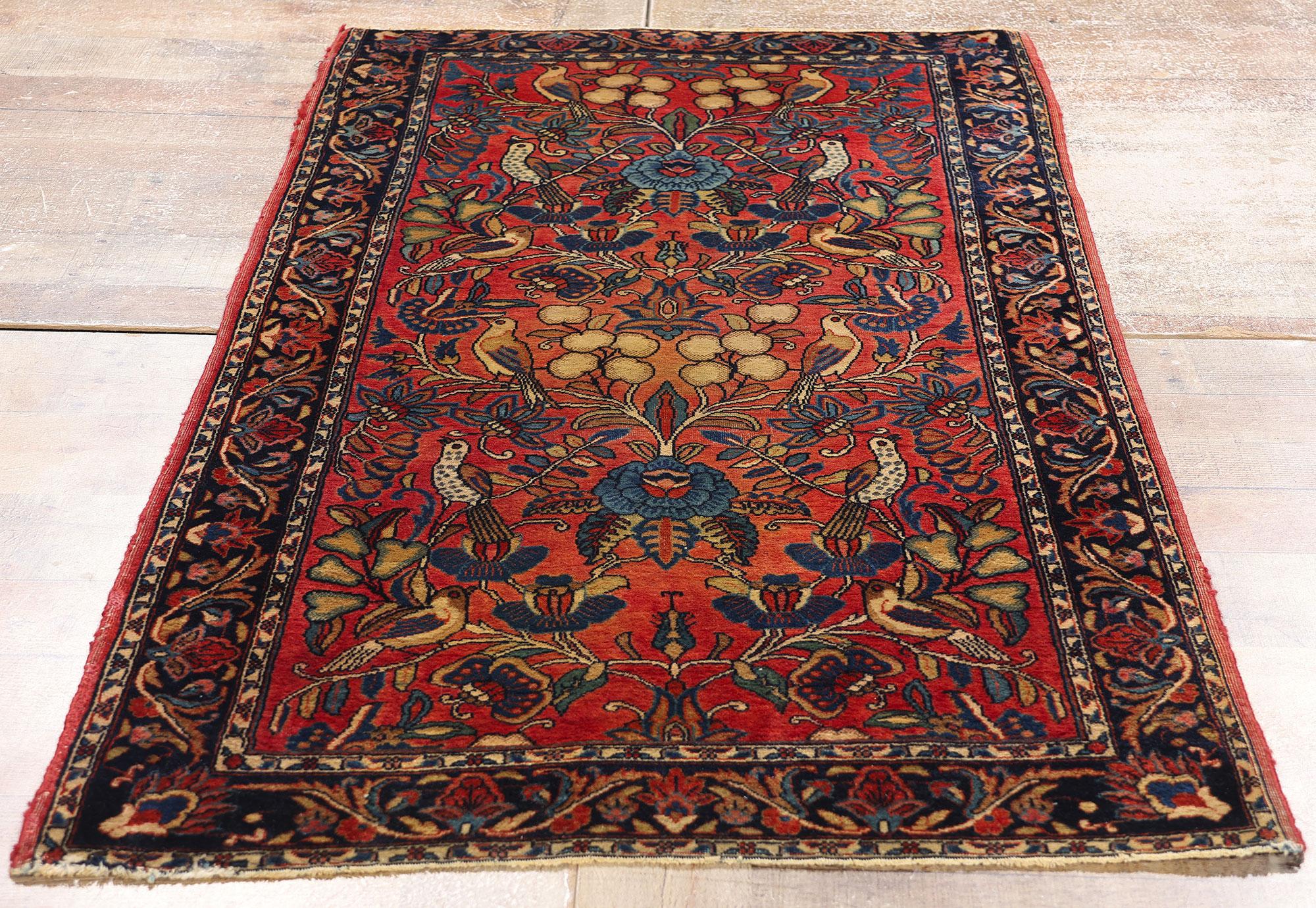 79081 Antique Persian Sarouk Pictorial Rug, 02'07 x 05'02. This hand-knotted wool antique Persian Sarouk pictorial rug is a magnificent example of the Garden of Paradise design, embodying the beauty and symbolism deeply rooted in Persian art and